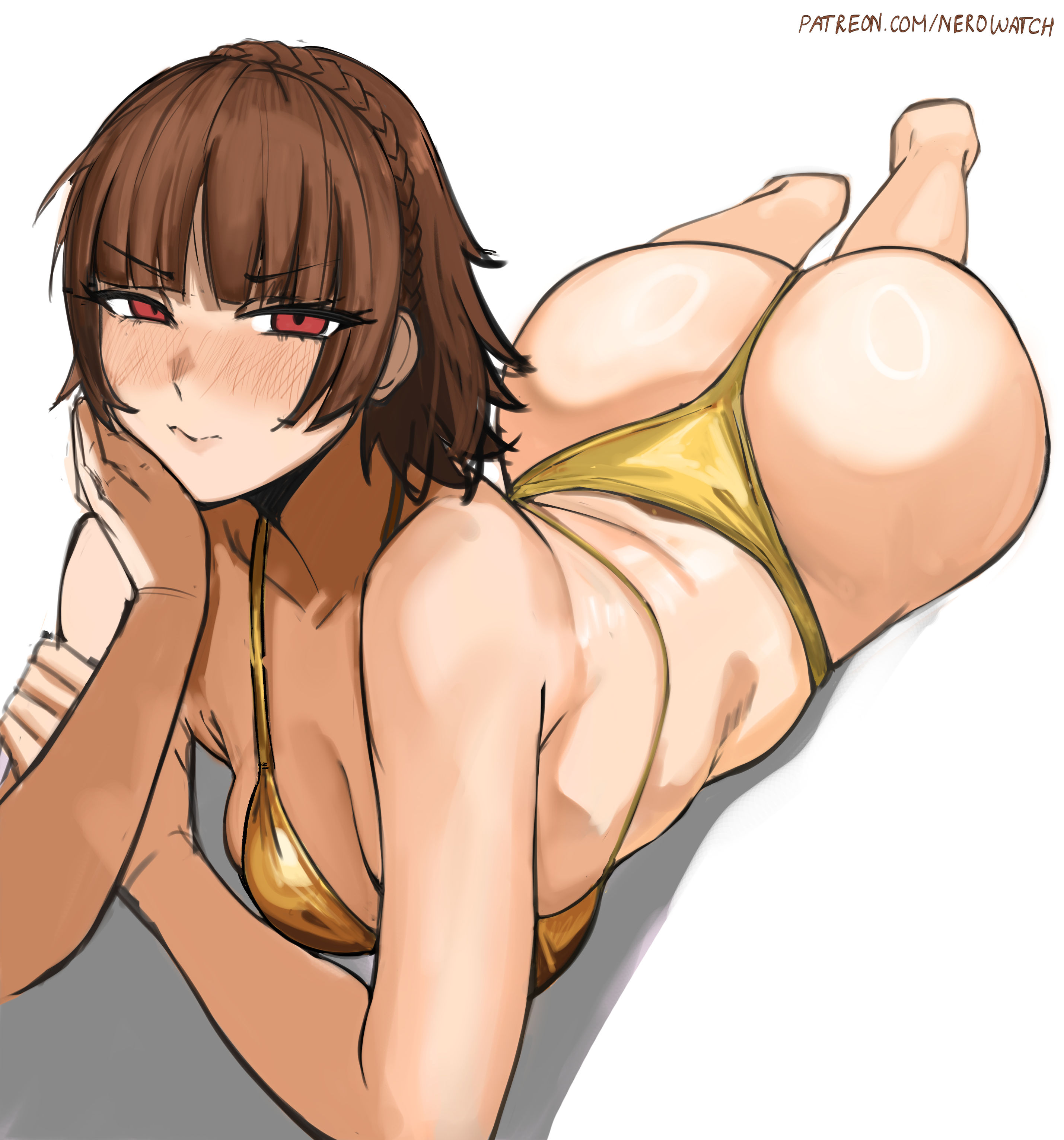 ass, ass bigger than head, ass focus, big ass, blush, blushing, blushing at viewer, breasts, brown hair, cleavage, female, female only, golden bikini, golden week, hips, hips wider than shoulders, large ass, laying down, laying on stomach, looking at viewer, makoto niijima, nero watch, persona, persona 5, red eyes, thick ass, wide hips