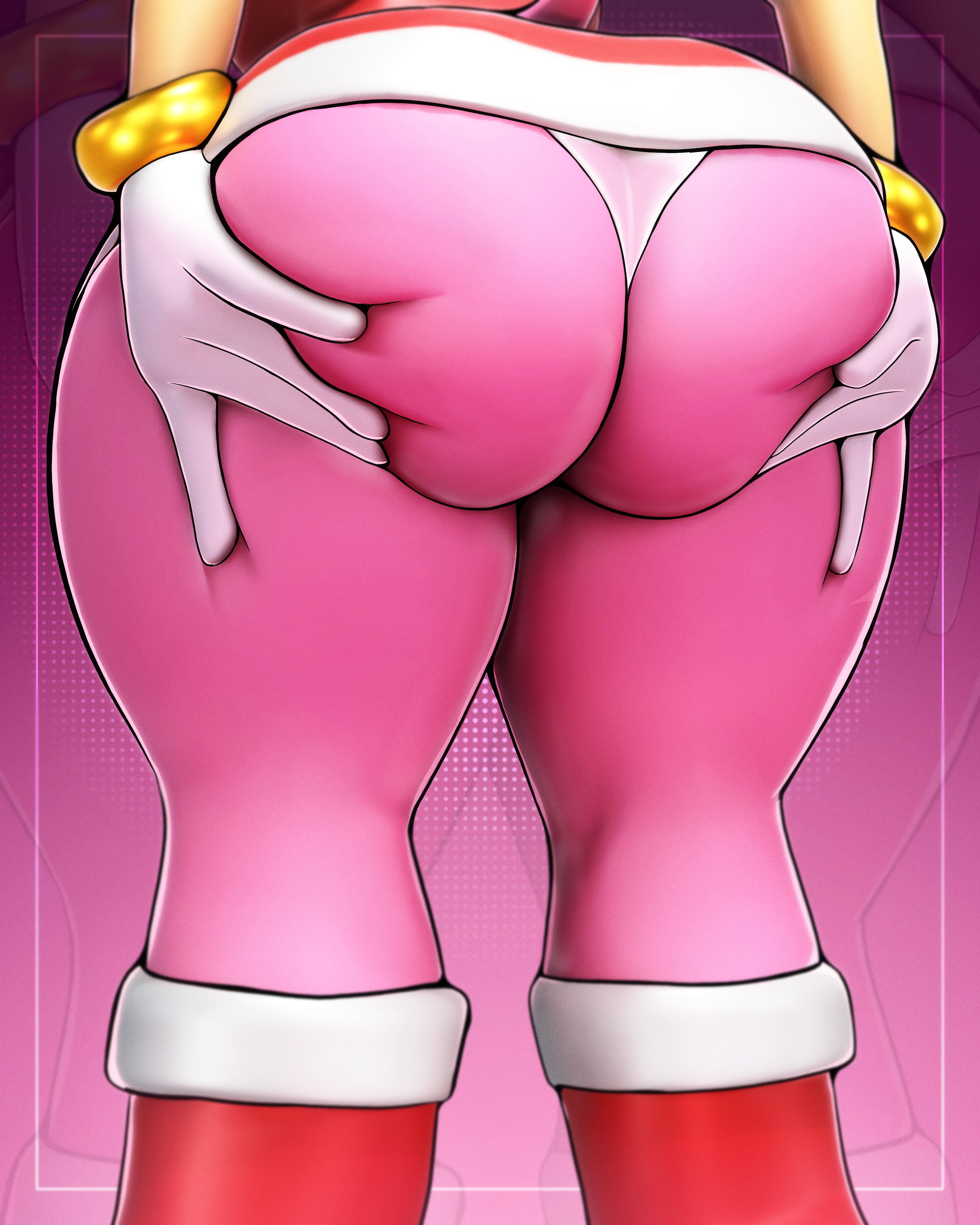 1girls, abstract background, amy rose, ass, ass focus, big ass, boots, butt, gloves, grabbing ass, grabbing own ass, panties, pink background, pink body, pink fur, sala3d, sala3dart, solo, sonic (series), tail, thick thighs, thighs, white gloves