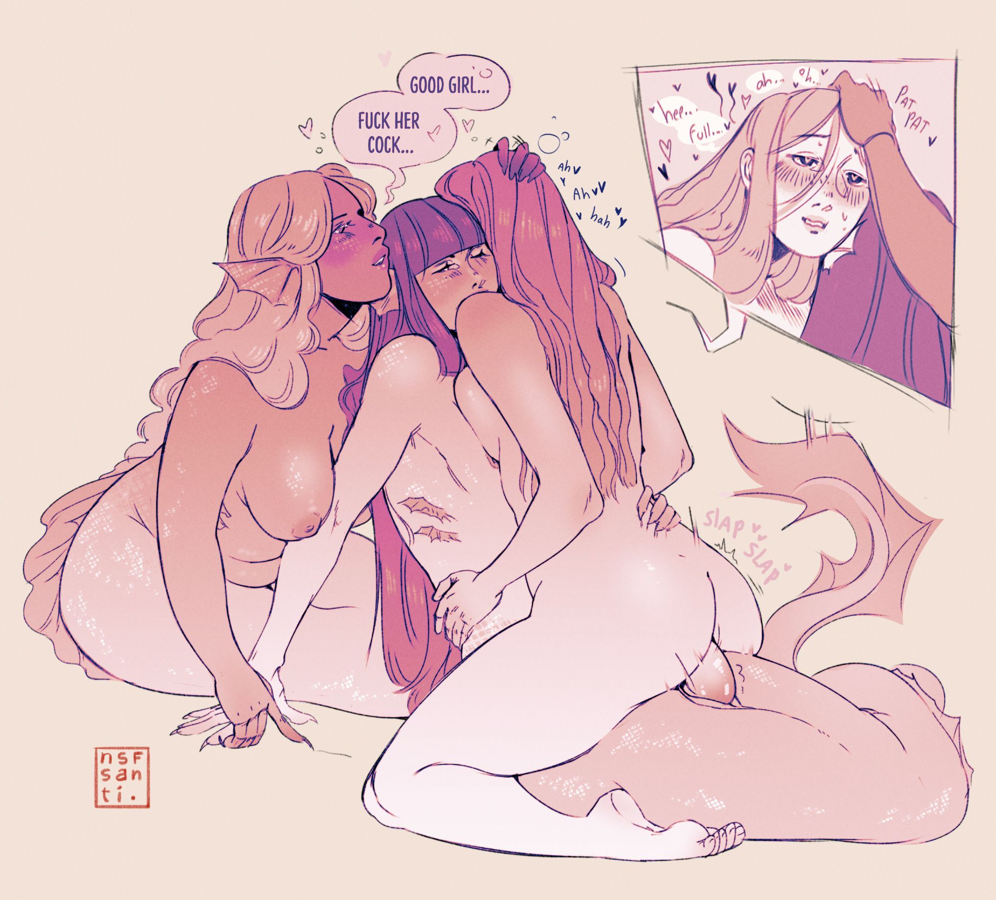 3girls, blush, blushing, cowgirl position, femdom, futanari, gills, girlcock, head pat, mermaid, mermaid girl, nsfsanti, tagme, threesome
