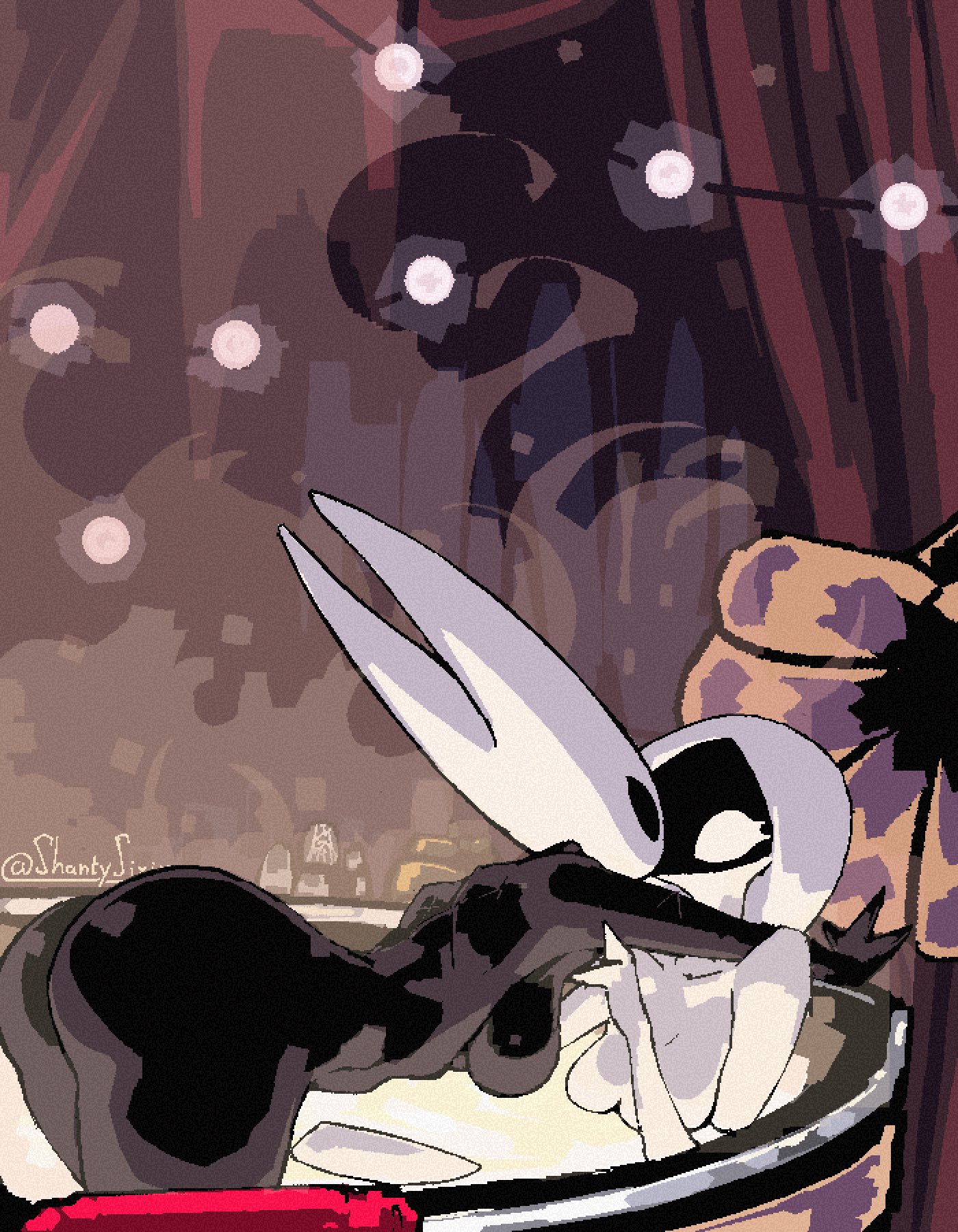 2girls, all fours, arched back, artist name, ass, ass focus, ass up, bath, bathing, bathing together, bent over, big ass, black body, black eyes, breasts, completely nude, completely nude female, female, female only, hollow knight, hollow knight: silksong, hornet (hollow knight), horns, hot spring, huge ass, humanoid, indoors, kissing, lace (hollow knight), large ass, medium breasts, nude, nude female, onsen, shantysixix, steam, team cherry, thick, thick ass, thick thighs, thighs, water, watermark, wet, white body, white eyes, white hair, wide hips, yuri