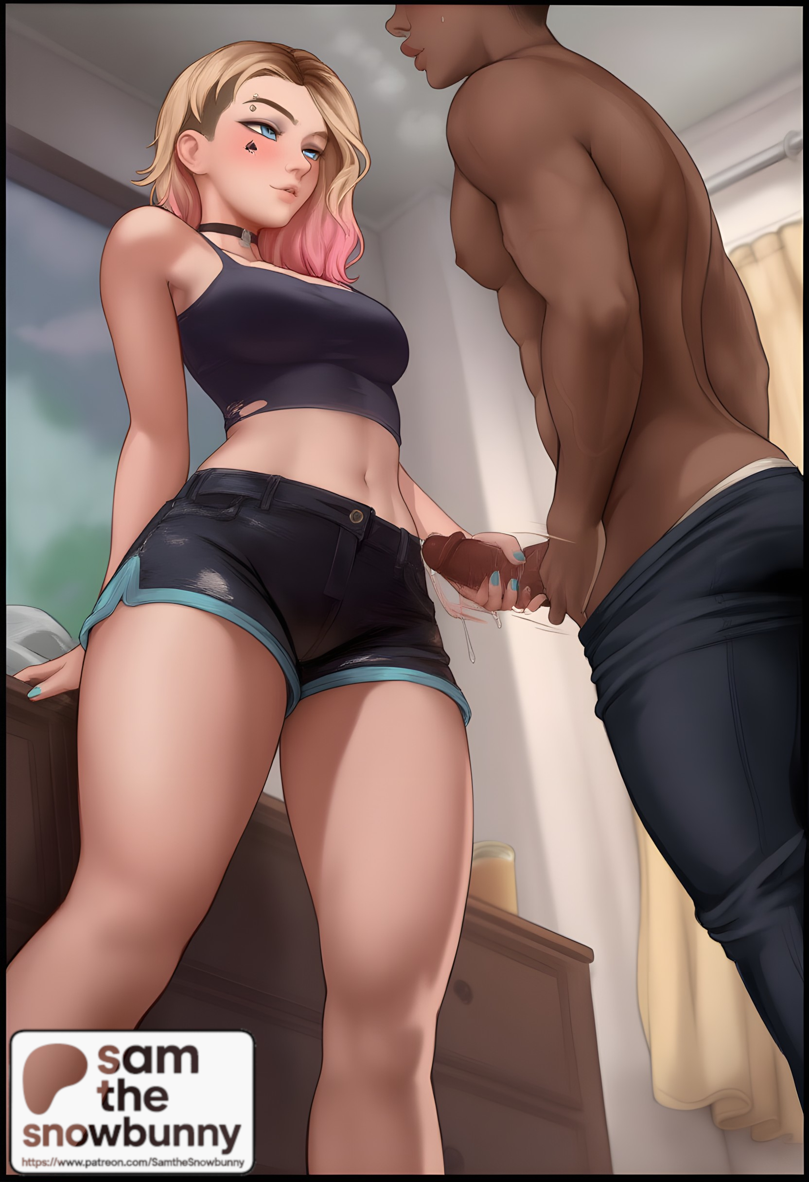 1boy, 1girls, 2d, ai generated, ass, big ass, big breasts, breasts, dark-skinned male, erection, female, female focus, full body, gwen stacy, gwen stacy (spider-verse), interracial, large penis, marvel, patreon username, penis, qos, qos tattoo, queen of spades, sam the snowbunny, smile, spider-man: into the spider-verse, straight, sweat, tattoo, thick, thick thighs, uncensored