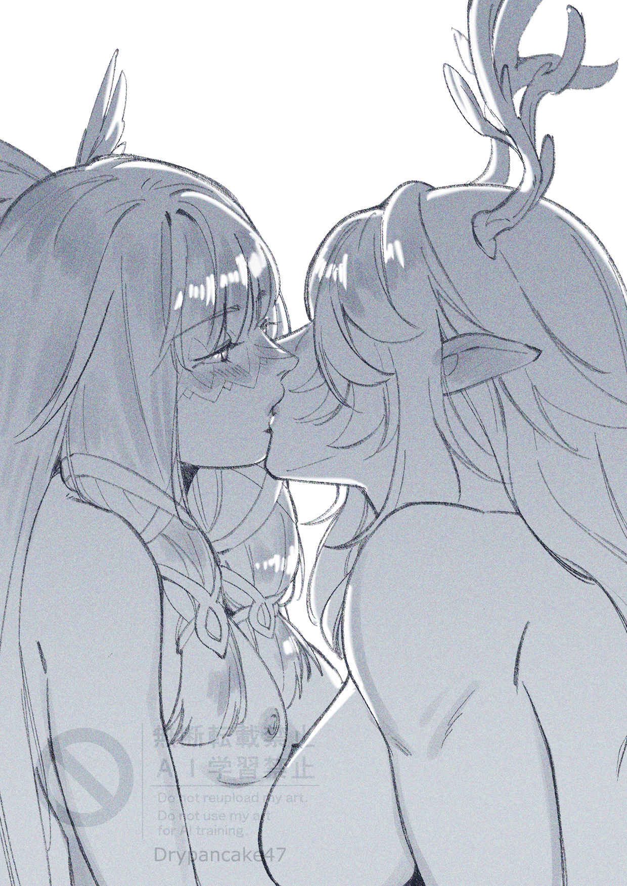 2girls, antlers, columbina (genshin impact), drypancake47, female, female only, genshin impact, hoyoverse, kissing, large breasts, lauma (genshin impact), mihoyo, monochrome, nude, pointy ears, small breasts, yuri