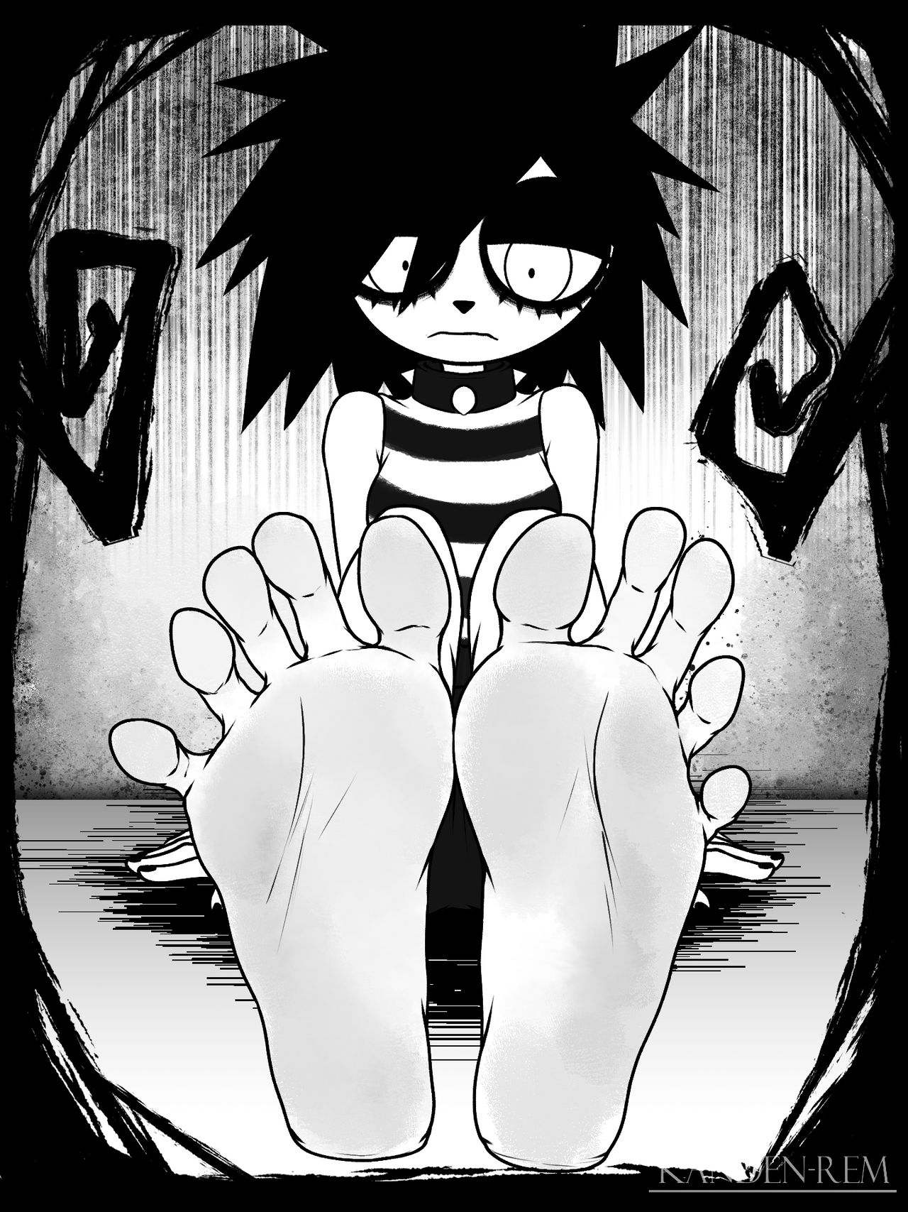 absurdres, alt girl, barefoot, best feet, black eyeshadow, black hair, boots removed, choker, emo girl, feet, female focus, female only, foot fetish, foot focus, foot worship, goddess, highres, i can't sleep, imminent foot worship, kandenrem, monochrome, nia (i can't sleep), presenting feet, sexy girl, showing feet, socks removed, soles, soles fetish, solo female, toes, youtube, youtuber