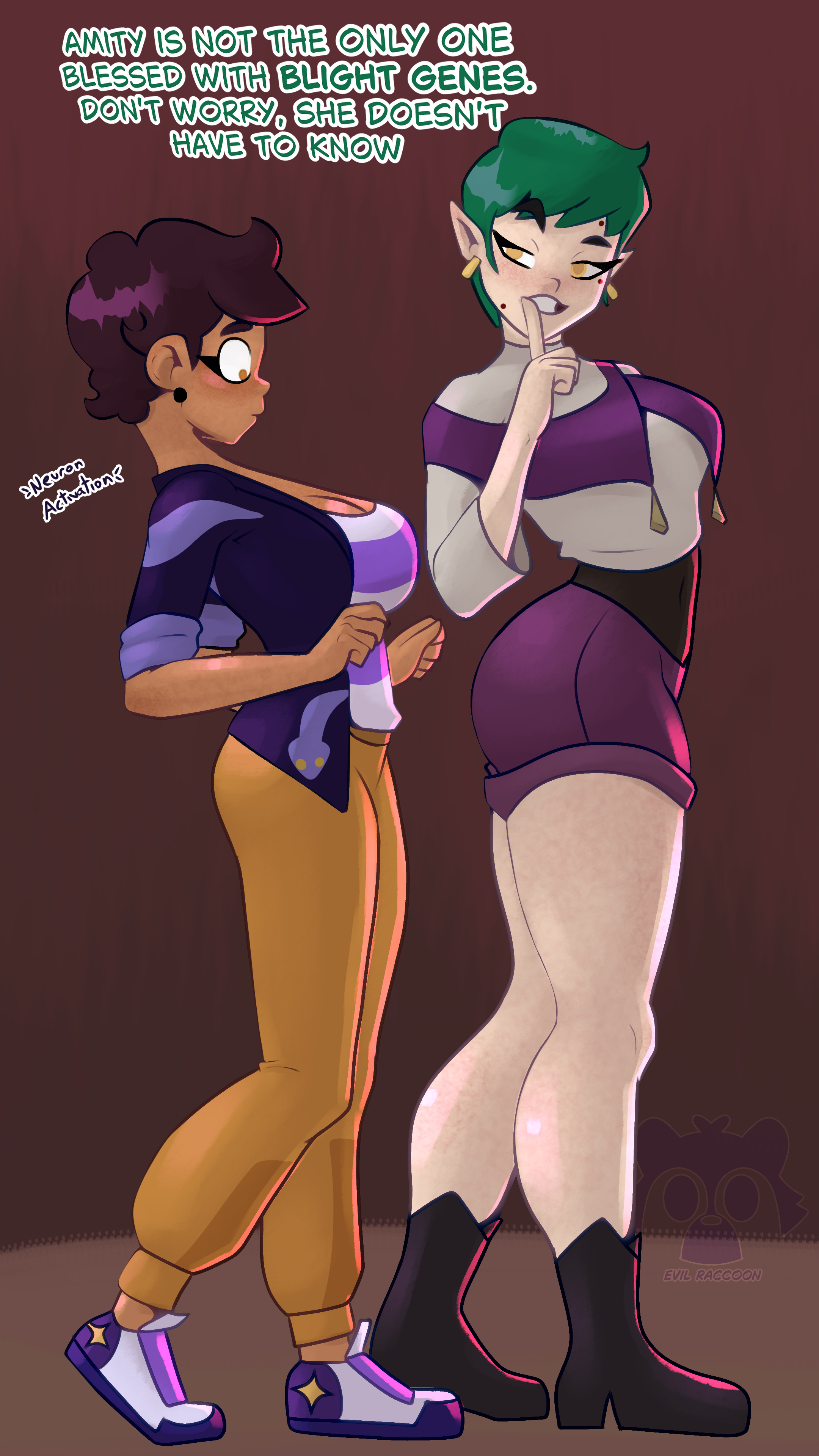ass, ass focus, big ass, big breasts, blush, dark skin, dialogue, disney, doesn't have to know, emira blight, evil raccoon, green hair, imminent cheating, latina, luz noceda, neuron activation (meme), pale skin, pointy ears, seductive, seductive look, seductive smile, short hair, the owl house, witch, yuri