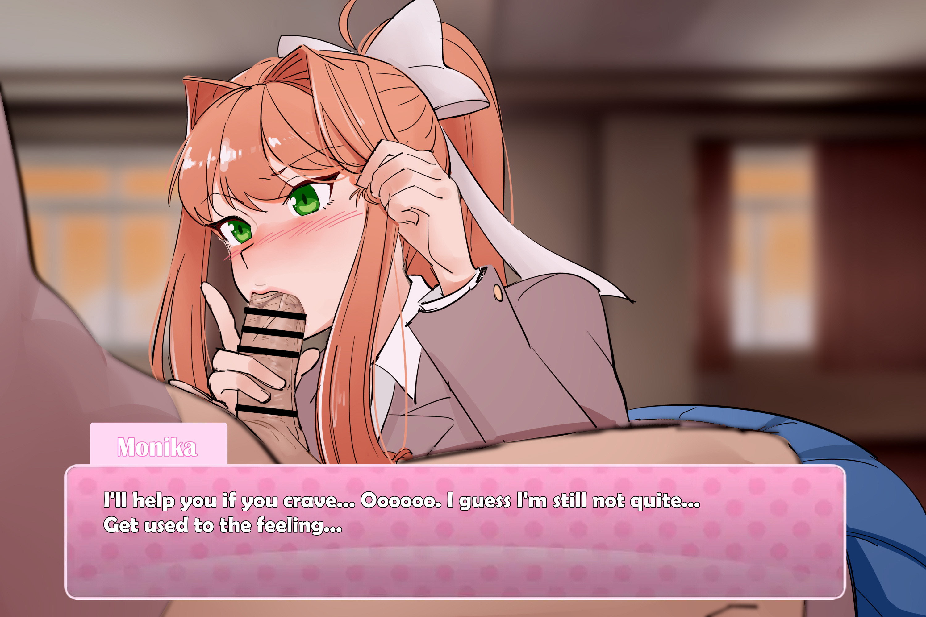 1boy1girl, anon, blowjob, blowjob face, blowjob only, blush, blush lines, carambolatup, censor bar, censored, deep blowjob, deep penetration, deep throat, deepthroat, doki doki literature club, face fucking, facefuck, fake screenshot, fellatio, fellatio face, monika (doki doki literature club), oral, oral penetration, oral sex, penis, penis in mouth, penis out, thick penis, unseen male face, variant set, you