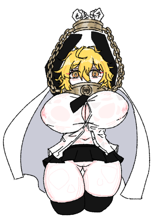 1girls, 2d, 2d (artwork), 2d artwork, arms up, big breasts, blonde hair, blush, brown eyes, cape, censored pussy, don quixote (limbus company), index don quixote, limbus company, looking at viewer, nipples visible through clothing, no panties, partially clothed, presenting, project moon, pussy, restrained, see-through, short hair, skirt, solo, standing, thick thighs, yoluna12m