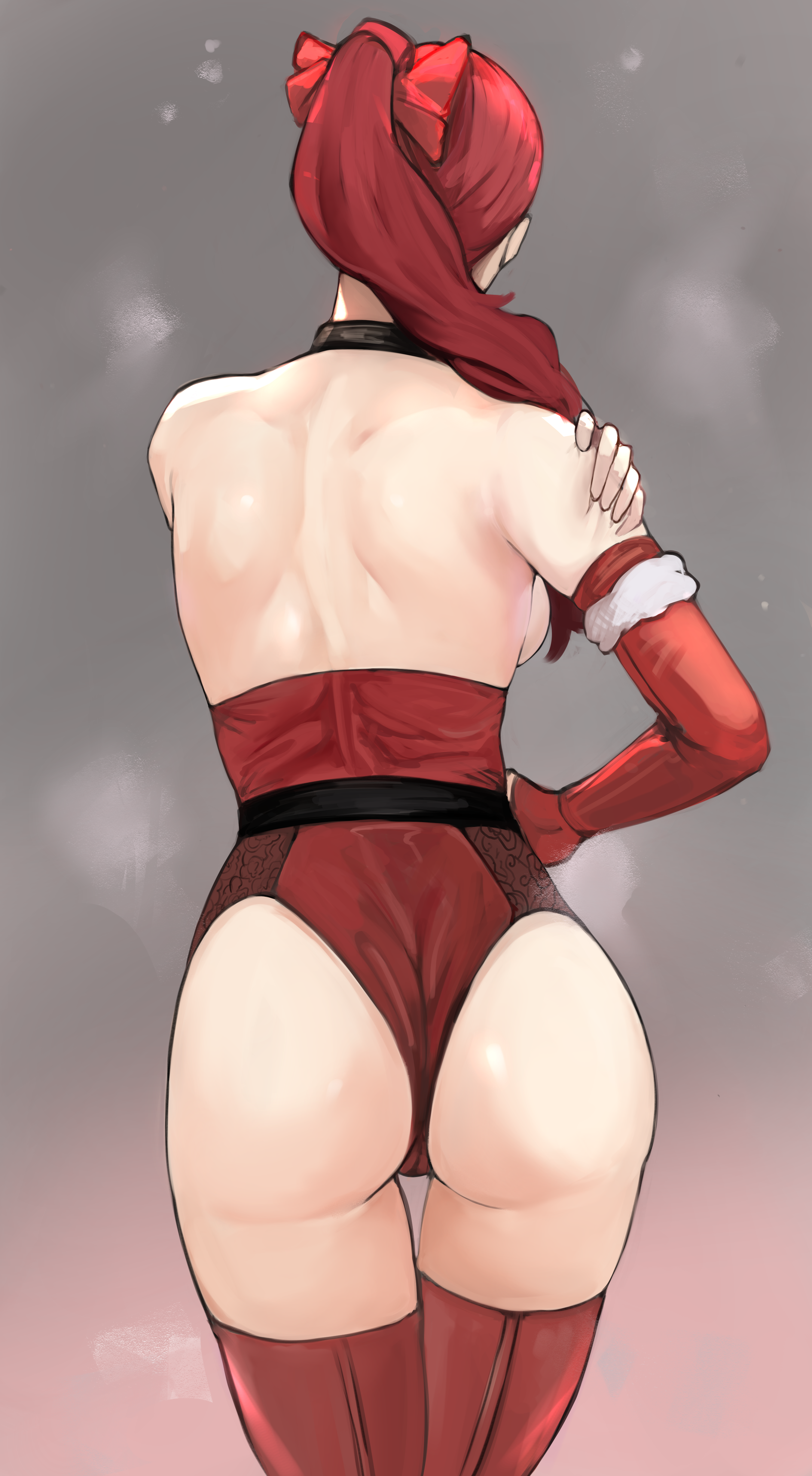1girls, ass, back, back view, backboob, bare shoulders, breasts, choker, christmas, christmas clothing, christmas outfit, clothing, exposed breasts, female, from behind, gloves, grey background, kasumi yoshizawa, leotard, long hair, nero watch, persona, persona 5, persona 5 royal, ponytail, red clothing, red hair, red thighhighs, ribbon, standing, steam, steaming body, sumire yoshizawa, thighhighs