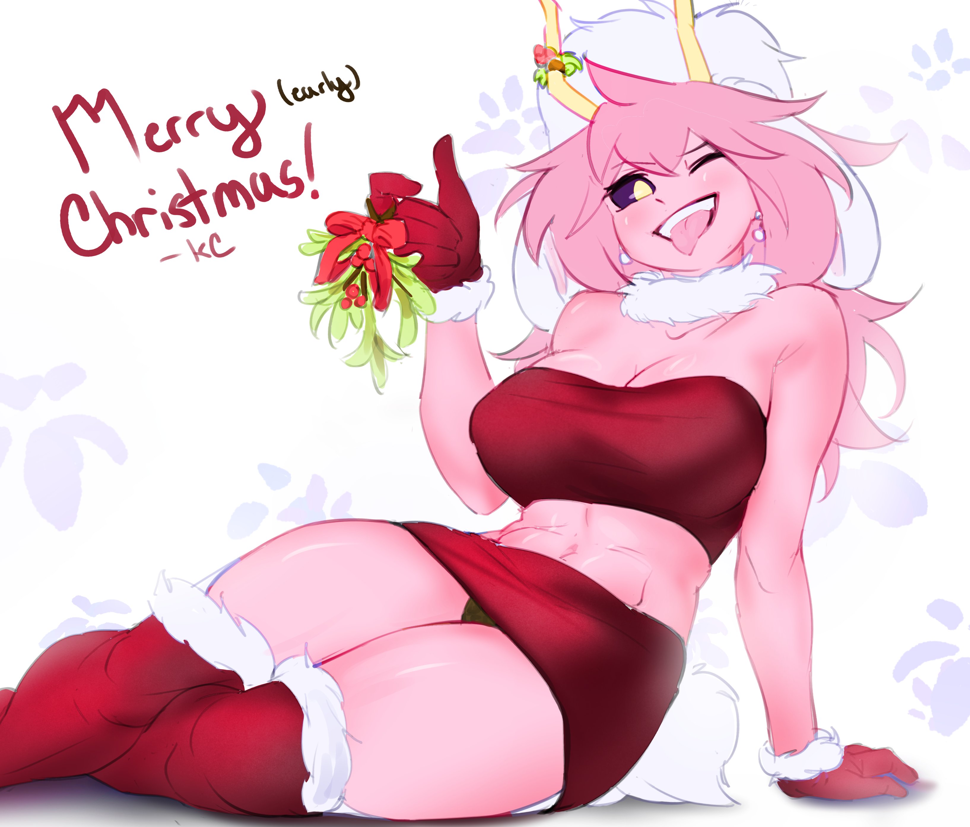 1girls, abs, belly, black sclera, boku no hero academia, breasts, christmas outfit, cleavage, collar, female, fit, fit female, fluffy collar, fluffy tail, holic fz, horns, looking at viewer, mina ashido, mistletoe, my hero academia, my hero academia (finale), panties, panty peek, pink body, pink hair, pink-haired female, playful, post-timeskip, sitting, teasing viewer, thick thighs, thighs, toned, toned female, tongue, tongue out, tubetop, upskirt, yellow eyes, yellow horns