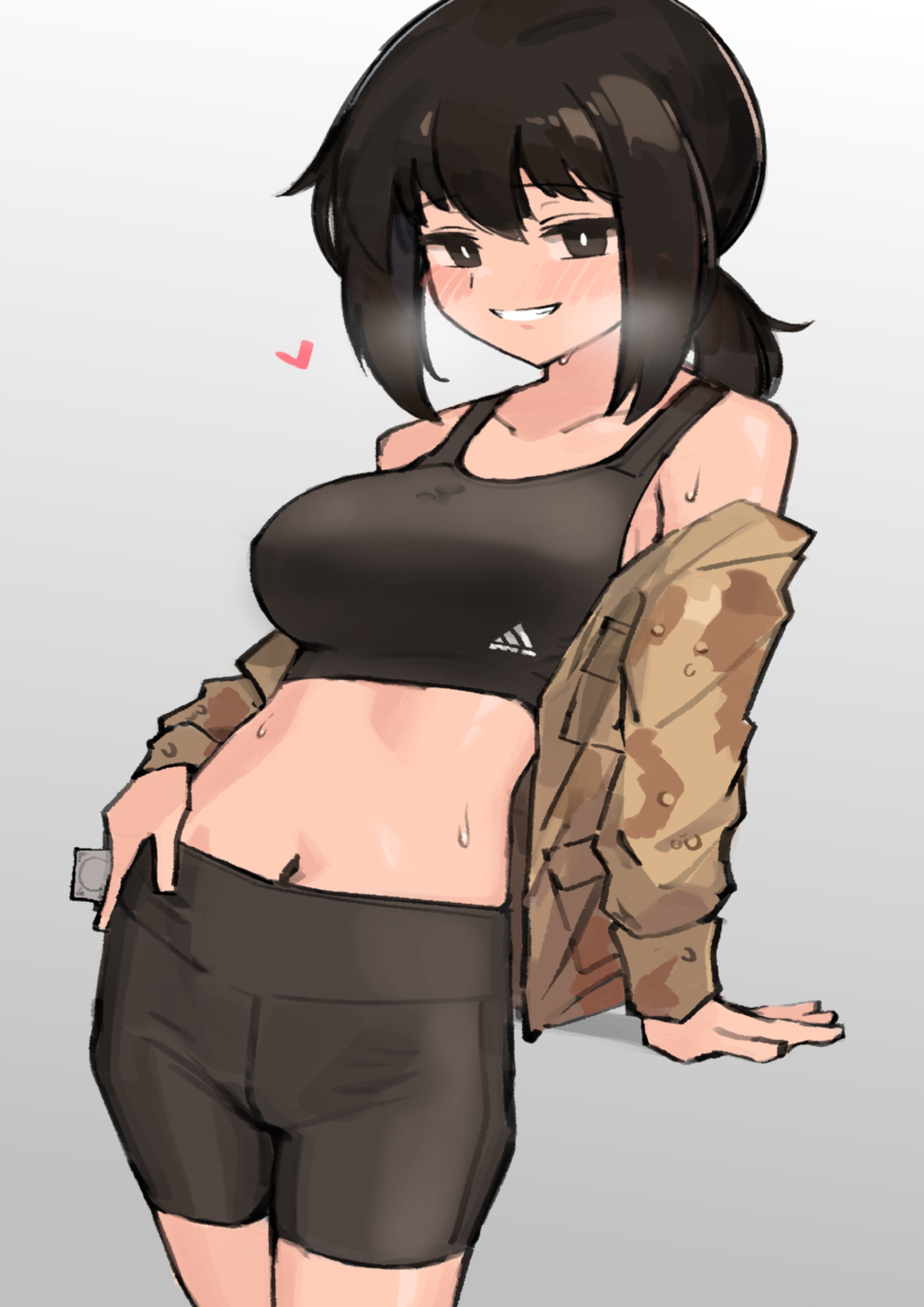 banana batter, bedroom eyes, bike shorts, black hair, blush, camouflage, condom, heart, inviting to sex, jacket, jacket partially removed, smile, spats, sports bra, sweat, x (itsaraofgod), xerbatt