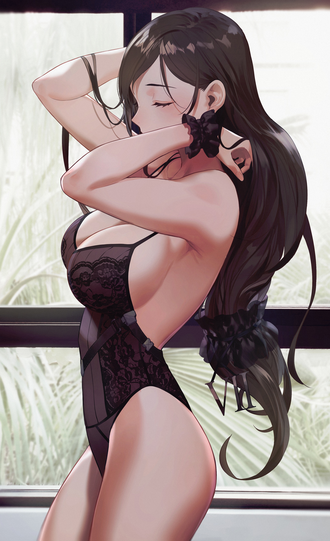 1girls, armpits, arms up, bare arms, bare shoulders, black hair, black leotard, breasts, cleavage, closed eyes, covered mouth, female, female focus, female only, final fantasy, final fantasy vii, from side, highleg, highleg leotard, highres, large breasts, leotard, lingerie, long hair, profile, salmon88, solo, spaghetti strap, teddy (lingerie), thighs, tifa lockhart, underwear, underwear only, very long hair