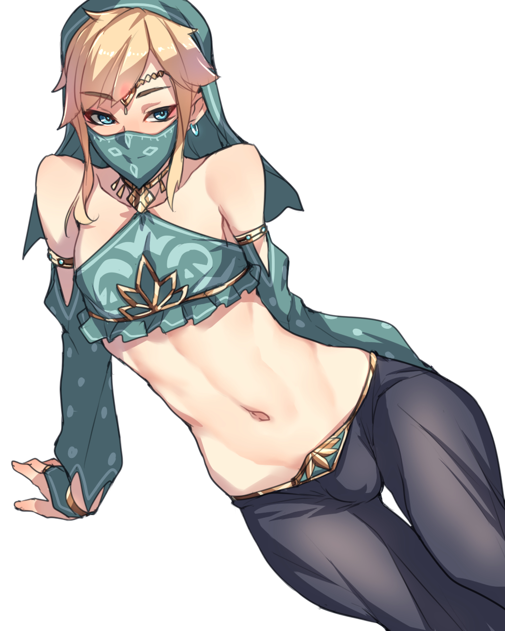 1boy androgynous ban blonde_hair blue_eyes breath_of_the_wild bulge canon_crossdressing crossdressing femboy gerudo_link gerudo_sirwal gerudo_top gerudo_veil girly hoop_earrings hourglass_figure link link_(breath_of_the_wild) male male_only navel nintendo solo the_legend_of_zelda trap veil