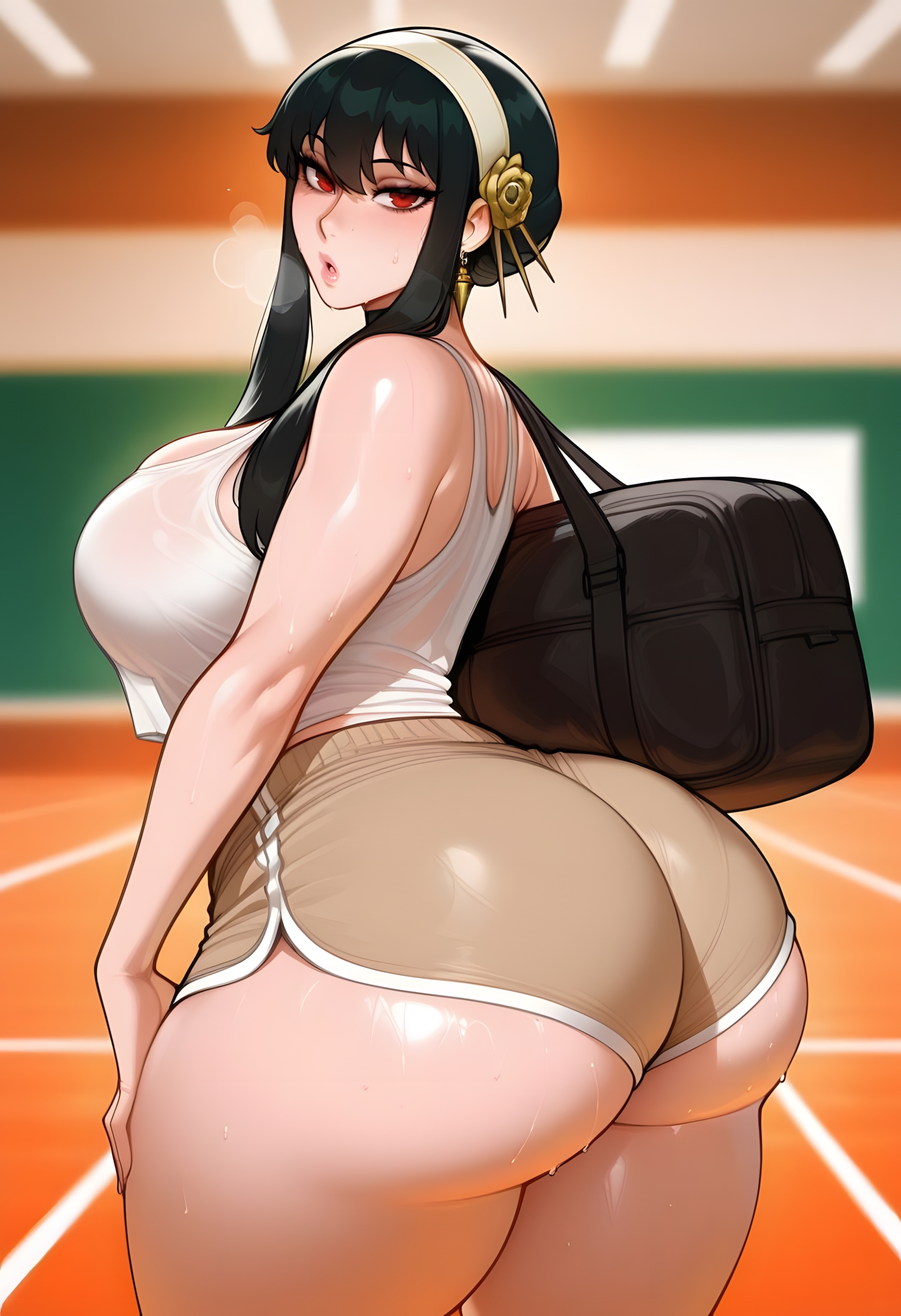 1girls, ai, ai generated, ass, ass focus, big ass, big breasts, big butt, black hair, breasts, busty, curvaceous, curvy, curvy body, curvy female, curvy figure, dreamcoreart, female, female only, hi res, highres, huge ass, huge breasts, huge butt, large breasts, light-skinned female, long hair, looking at viewer, mischievous smile, naughty face, red eyes, solo, solo focus, sports shorts, spy x family, stable diffusion, teasing, yoga pants, yor briar, yor forger