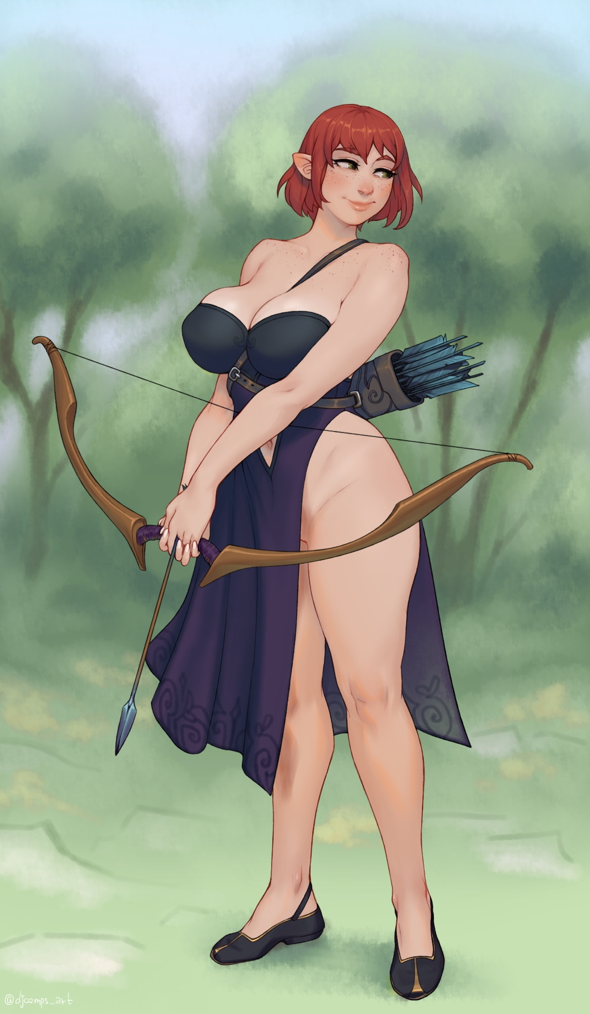 1girls, 2d, arrow (projectile), artist name, arya (gmareh32), big breasts, bottomless, bow (weapon), bow and arrow, clothed, clothed female, color, commission, dress, elf, elf female, female, female only, fizzz, flats, flats (shoes), freckles, freckles on chest, freckles on shoulders, full body, full color, half elf, half-elf, hi res, huge breasts, large breasts, looking away, navel cutout, no panties, original, original character, pointy ears, quiver (object), red hair, shoes, short hair, smile, solo, strapless dress, voluptuous, voluptuous female