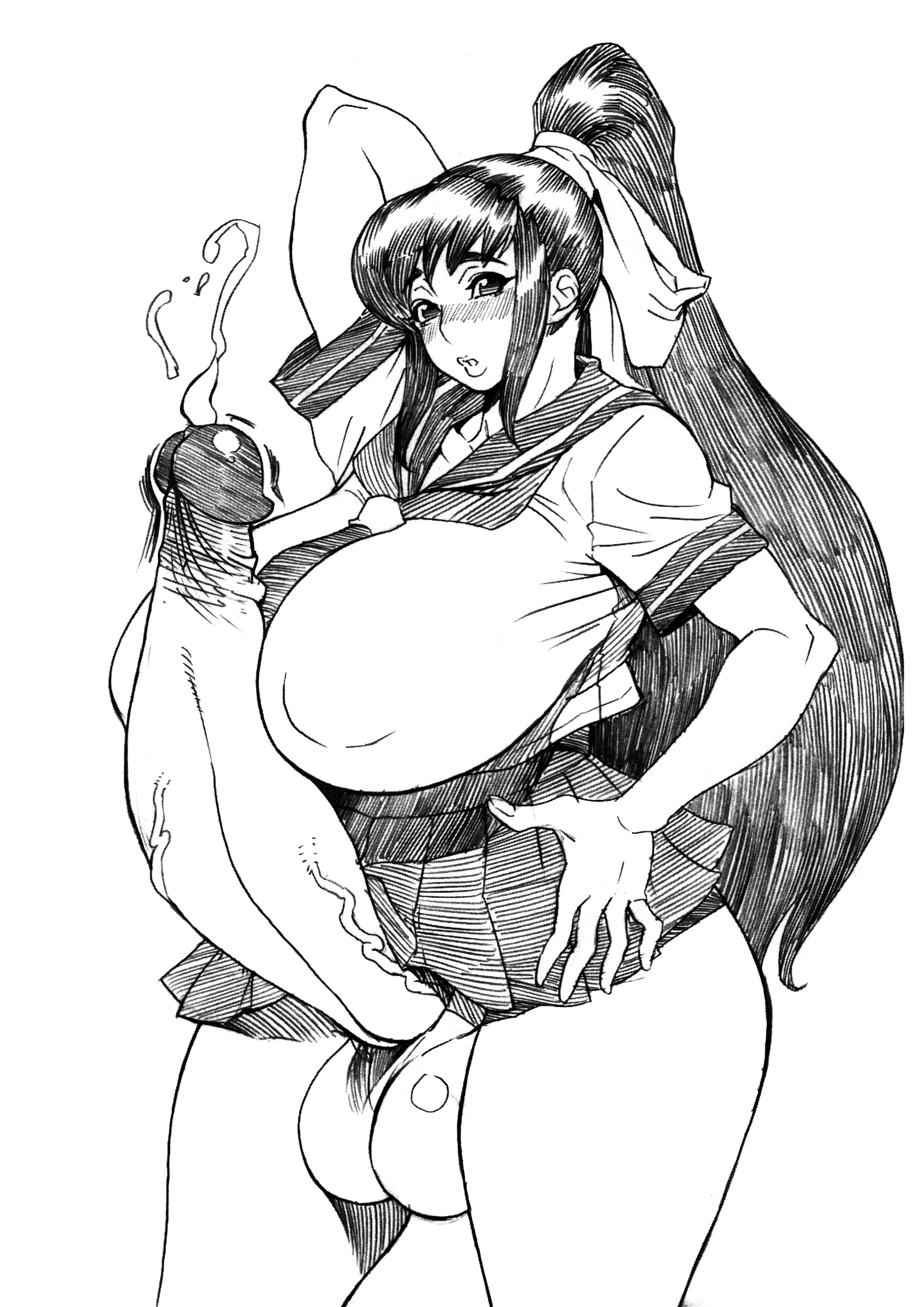 1futa, balls, big breasts, blush, bonten, breasts, decensored, erection, futa only, futanari, huge cock, intersex, monochrome, nipple bulge, penis, precum, school uniform, schoolgirl, solo, testicles, uncensored, veiny penis