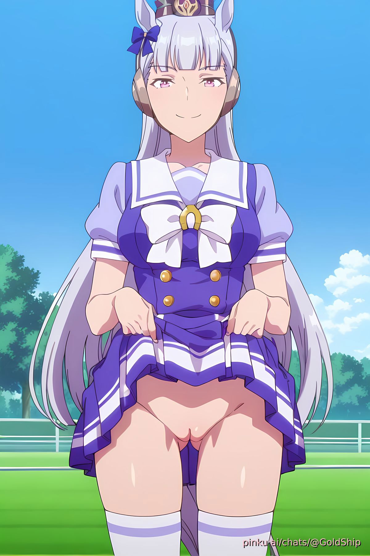 accurate art style, ai generated, anime style, bangs, bow, bridle, ear ornament, exposed pussy, eyebrows visible through hair, fringe, gold ship (umamusume), hat, horse ears, horse girl, horse tail, long hair, looking at viewer, medium breasts, outside, pink eyes, pinku.ai, pussy, racetrack, sailor collar, school uniform, shaved pussy, skirt, skirt lift, skirt lifted by self, smile, teasing, thighhighs, thighs, tracen academy, tracen school uniform, umamusume, umamusume pretty derby, white hair