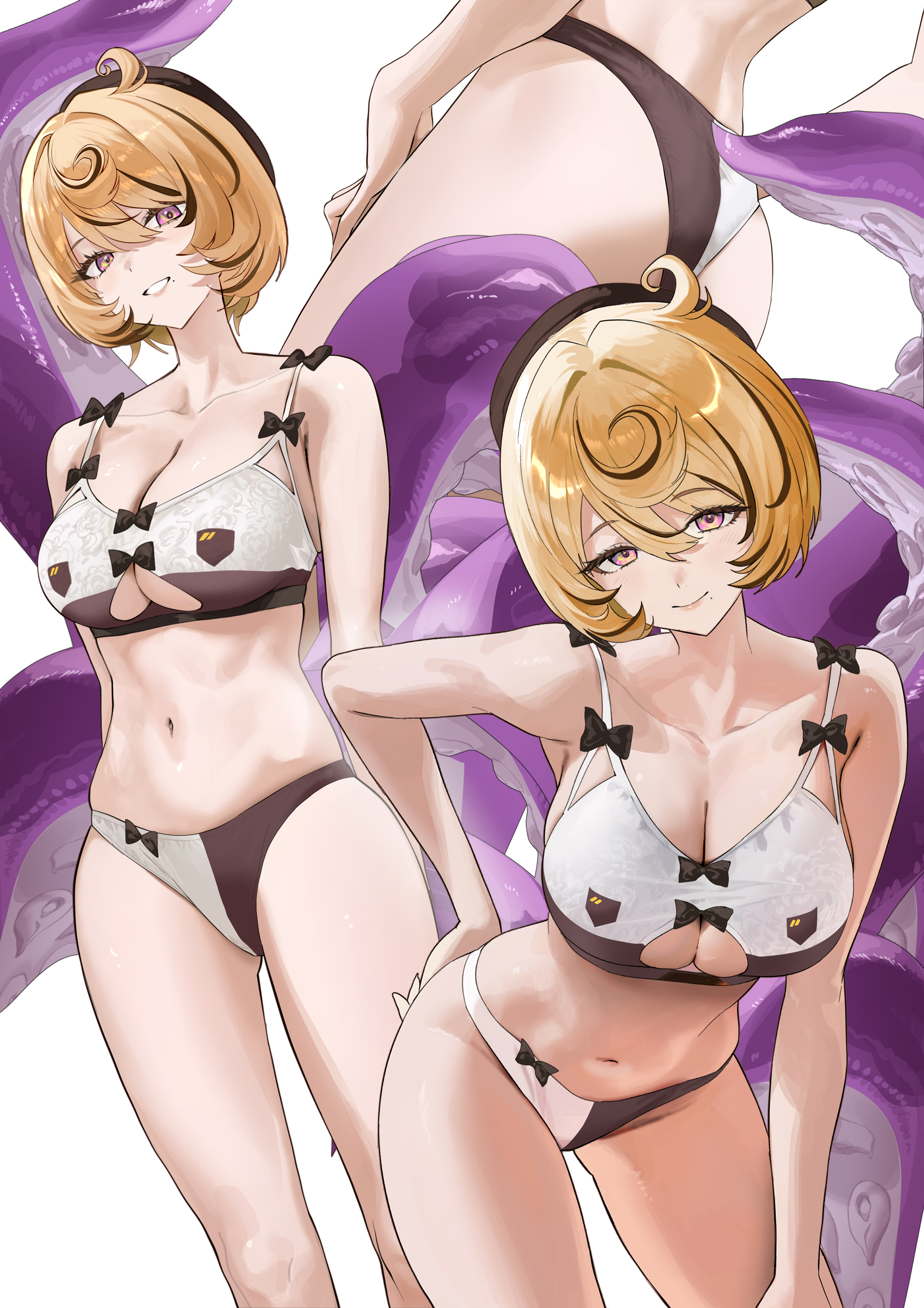 1girls, absurdres, ass, black bra, black hair, black hat, black panties, blonde hair, bra, breasts, collarbone, commentary, english commentary, female, female only, hand on own hip, hat, highres, large breasts, looking at viewer, multicolored hair, multiple views, panties, purple eyes, salmon88, short hair, smile, streaked hair, tentacle girl, two-tone bra, two-tone panties, underwear, underwear only, white background, white bra, white panties, yidhari murphy, zenless zone zero