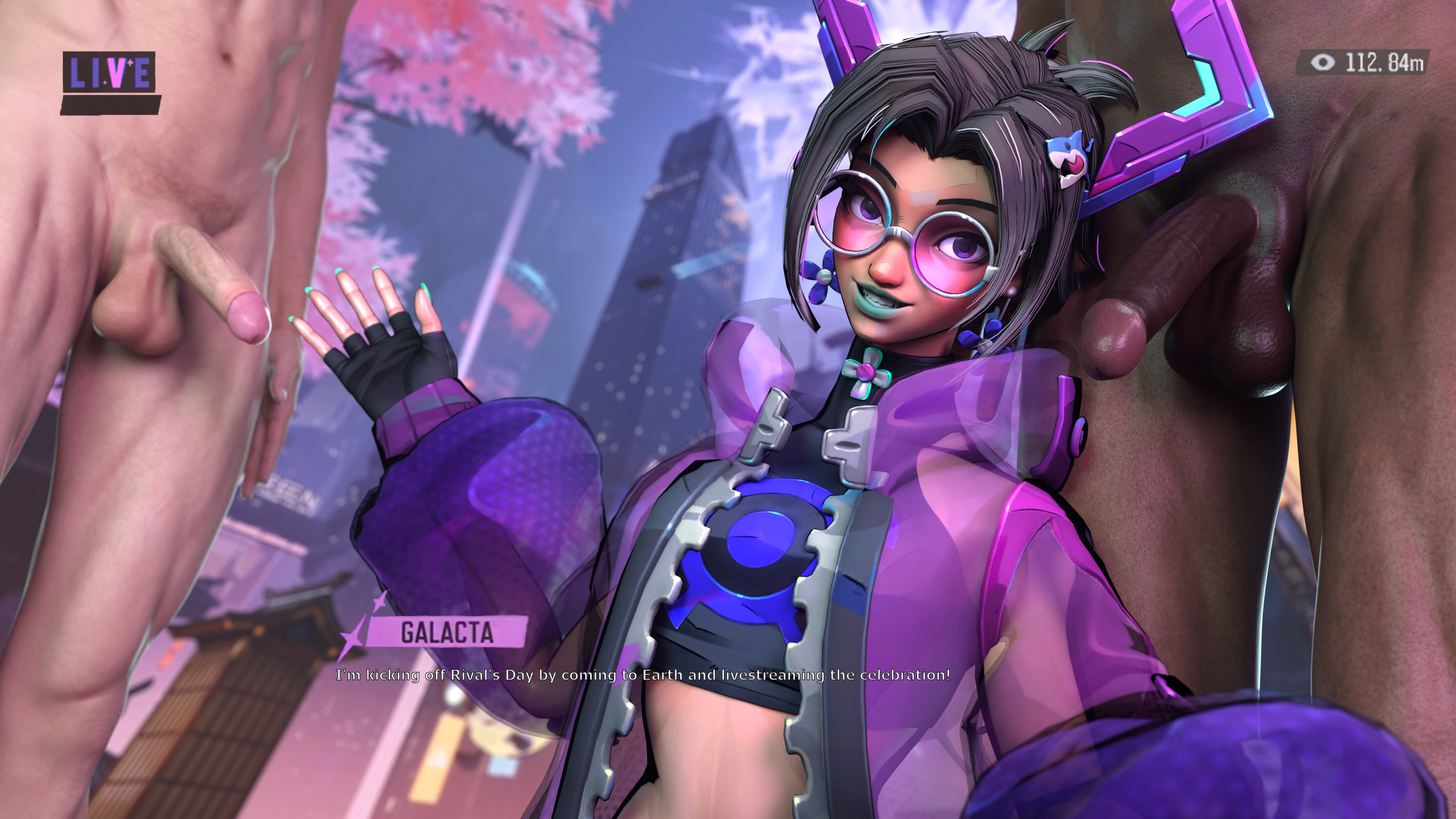 1girls, 2boys, 3d, 3d (artwork), balls, big penis, black hair, clothed female nude male, dark skin, dark-skinned male, dialogue, earrings, english text, galacta, galacta (marvel rivals), galacta (rivals' day 2025), interracial, large penis, light skin, light-skinned female, light-skinned male, livestream, marvel, marvel comics, marvel rivals, naked, naked male, nude, nude male, nudity, penis, purple eyes, streetwear, sunglasses, testicles, text, tinted eyewear, uncensored, v01dwatcher