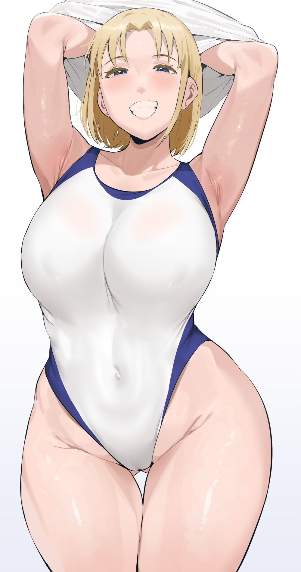 armpits, ass visible through thighs, blonde girl (okpriko), blonde hair, blue eyes, blue one-piece swimsuit, breasts, commentary, covered navel, cowboy shot, female, half-closed eyes, highleg, highleg one-piece swimsuit, highres, large breasts, looking at viewer, okpriko, one-piece swimsuit, original, shirt, short hair, simple background, solo, swimsuit, thigh gap, two-tone one-piece swimsuit, undressing, white one-piece swimsuit, white shirt