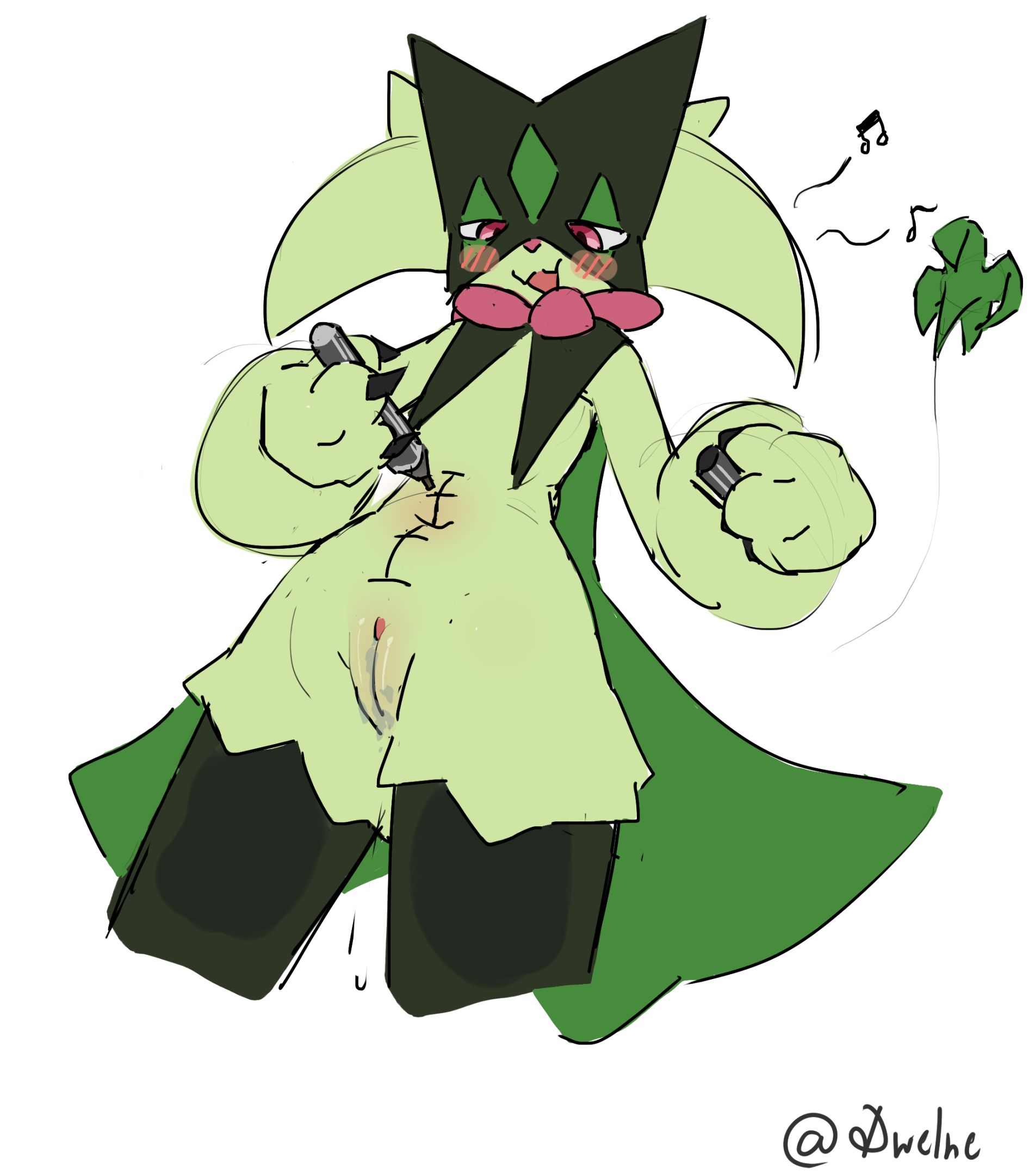 3 fingers, anthro, belly blush, blush, blush lines, bodily fluids, body blush, cape, clitoris, clothing, dwelne, felid, feline, female, fingers, game freak, generation 9 pokemon, genital fluids, genitals, green body, hi res, holding object, humanoid, looking at self, low-angle view, mammal, marker, markings, mask, measuring penetration depth, meowscarada, navel, nintendo, on model, pokemon, pokemon (species), pupils, pussy, red eyes, red nose, simple background, slit pupils, smile, solo, vaginal fluids, vulva