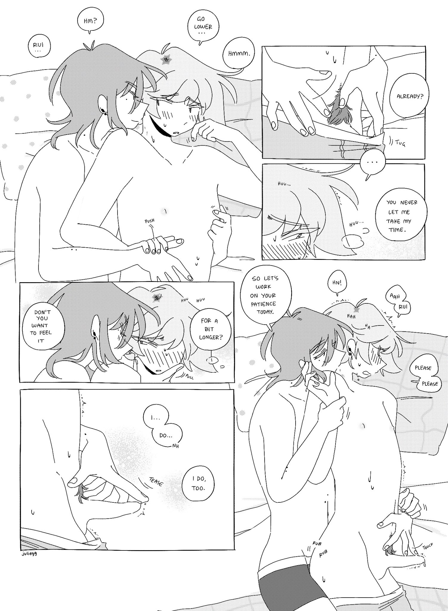 2boys, ahoge, artist name, balls, bed, bed sheet, blonde hair, blush, brown hair, close-up, closed eyes, comic, completely nude, dialogue, dyed hair, ear piercing, earrings, english text, erect nipples, erection, eyebrows visible through hair, full-face blush, greyscale, half-closed eyes, hand on another's arm, happy trail, juliegg, kiss mark, kouta (juliegg), long hair, looking at another, looking at partner, looking pleasured, lying, lying on bed, lying on side, male nipples, male pubic hair, mischievous smile, moaning, moaning name, mole, mole under eye, monochrome, motion lines, nipple pinch, nipple tweak, nipples, one eye obstructed, original, penis, precum, precum on penis, pubic hair, romantic, rui (juliegg), screentone, sideass, smile, sound effects, speech bubble, sweat, sweatdrop, teasing, touching penis, trembling, underwear, underwear down, underwear only, visible breath, watermark, white background, wholesome, wrist grab, yaoi