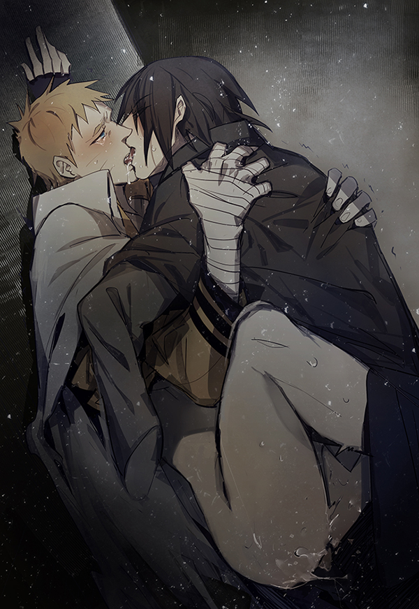 2boys, against wall, anal, bara, bottomless, cum, cum inside, cumdrip, gay, hug, kissing, lifting, male, male only, multiple boys, multiple males, naruto, naruto (series), penetration, saliva, sasuke uchiha, sex, uzumaki naruto, yaoi
