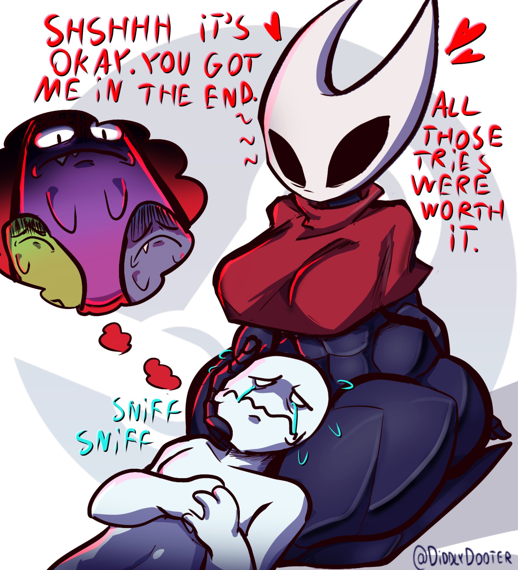 2025, 2d, 2d (artwork), 2d artwork, abs, black body, breasts, comforting, covered breasts, crying, crying with eyes open, dialog, dialogue, diddlydooter1, female, heart, heart symbol, hearts around head, holding, holding face, hollow knight, hollow knight (franchise), hollow knight: silksong, hornet (hollow knight), lying down, lying on lap, onomatopoeia, red clothing, silksong, solo female, steam logo, text, thick thighs, thought bubble, watermark, y/n