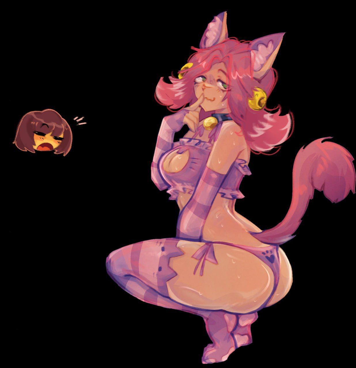 adulttale, bell, black background, cat ears, cat girl, cat tail, catgirl, color, colored, green eyes, koliensop (artist), mad mew mew, necklace, pink hair, pink tail, pink underwear, tagme, tail, undertale, undertale (series), undertale au, undertale fanfiction, underwear