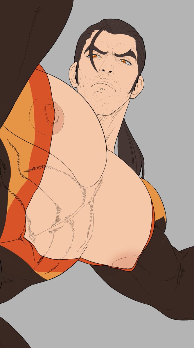 1boy, bara, big pecs, dispatch (game), flambae, male, male focus, male only, muscular, muscular male, nipples, ponytail, solo, thehorny bunbun
