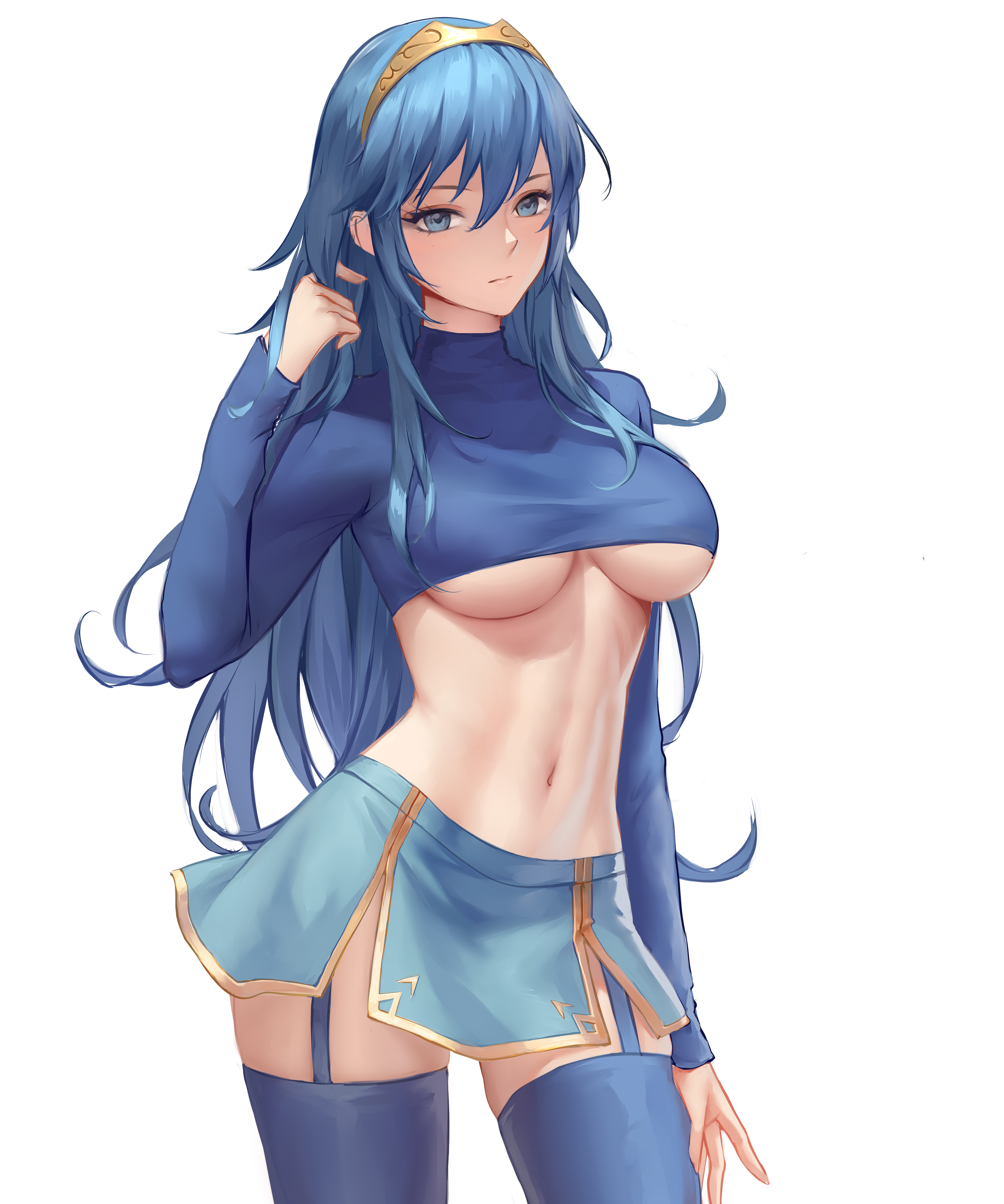 1girls, blue eyes, blue hair, blue shirt, blue skirt, blue thighhighs, chihunhentai, eyelashes, female, female only, fire emblem, fire emblem awakening, garter straps, gold trim, hand in hair, large breasts, long hair, long sleeves, looking at viewer, lucina (fire emblem), midriff, midriff baring shirt, miniskirt, navel, pinup, pursed lips, revealing clothes, short skirt, skirt, sole female, solo, thighhighs, thighs, tiara, underboob, wide hips
