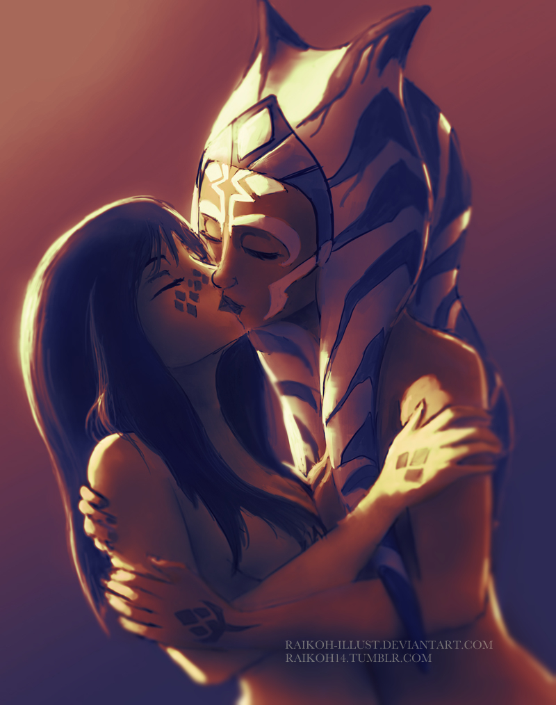 2015 2girls ahsoka_tano arm_tattoo barriss_offee black_hair clone_wars face_tattoo female female_only green_skin jedi jedi_padawan kiss kissing mirialan orange_skin raikoh-illust sideboob star_wars star_wars_rebels tattoo tattoos togruta yuri