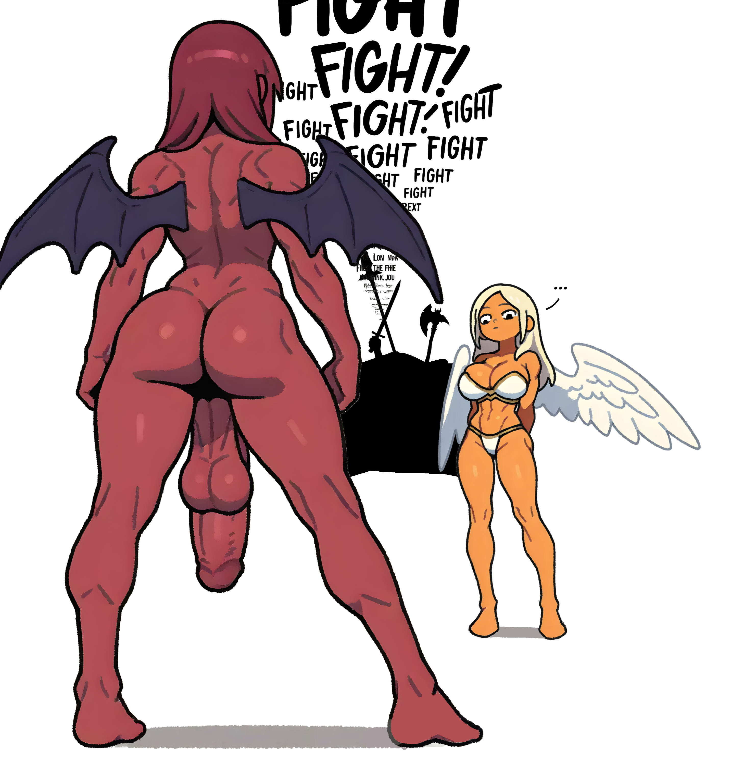 1futa, angel, angel girl, angel wings, backsack, bikini armor, breasts bigger than head, colab927, completely nude, demon, demon girl, demon wings, dickgirl, female, flaccid, futa is bigger, futanari, huge cock, muscular back, orange skin, red body, sagging balls, saggy balls, testicles, thong, white background