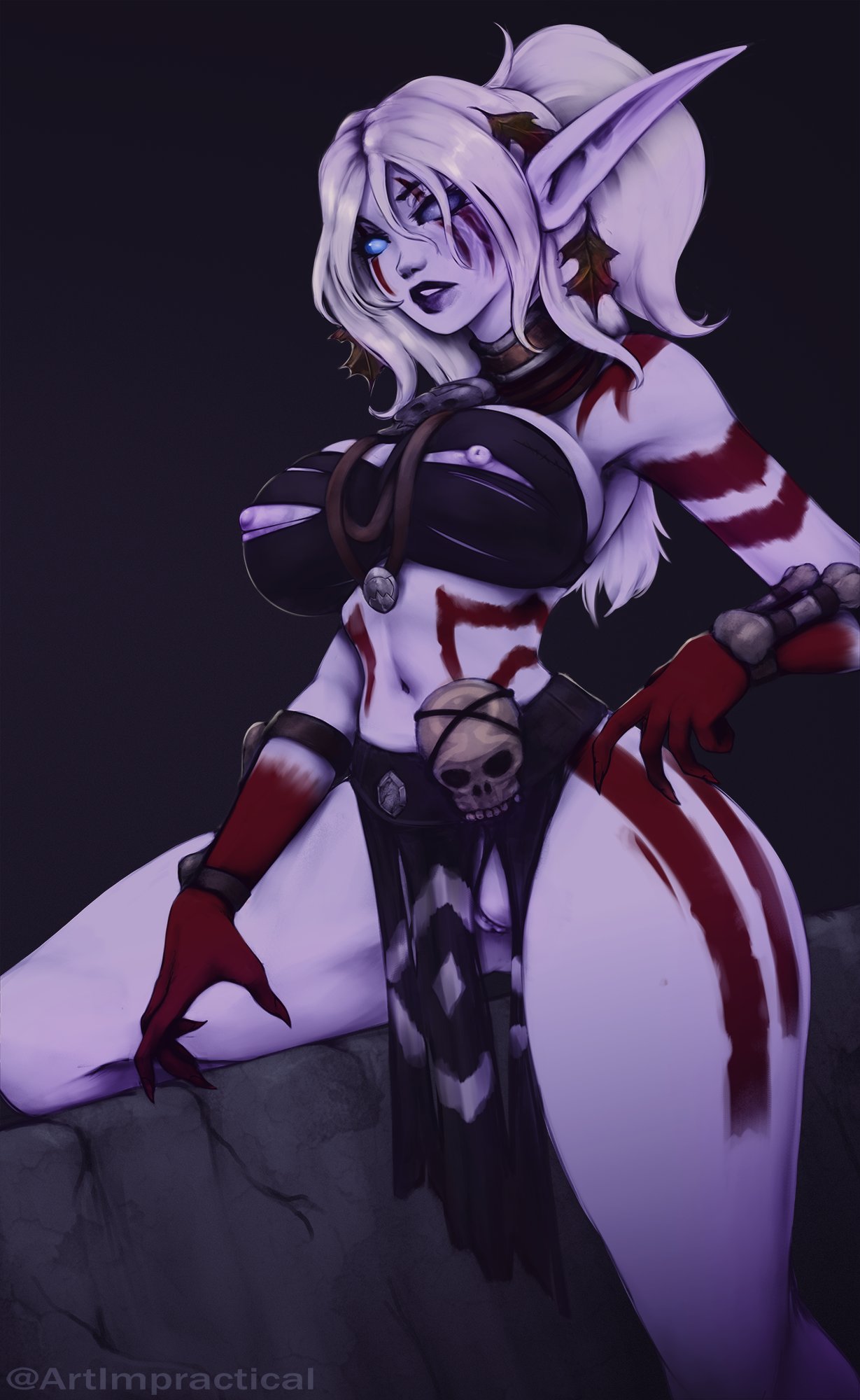 blind eye, elf, exposed nipples, female, impracticalart, large breasts, looking at viewer, night elf, nipple slip, ripped clothing, scared face, thick thighs, wardrobe malfunction, white hair, world of warcraft