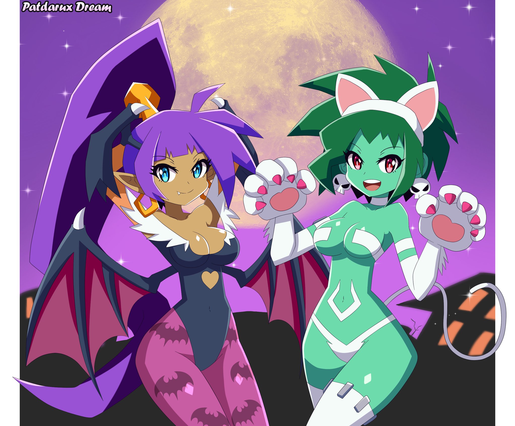 2girls, animal ears, bat wings, blue eyes, breasts, cat ears, cat tail, clothing cutout, colored skin, cosplay, crossover, dark skin, dark-skinned female, darkstalkers, earrings, felicia (darkstalkers), felicia (darkstalkers) (cosplay), female, female only, green hair, green skin, halloween, head wings, heart cutout, jewelry, large breasts, leotard, long hair, moon, morrigan aensland, morrigan aensland (cosplay), multiple girls, night, oerba yun fang, patdarux, pointy ears, purple eyes, purple hair, purple sky, rottytops, shantae, shantae (character), short hair, sky, tail, teeth, upper teeth only, very long hair, white fur, wide hips, wings