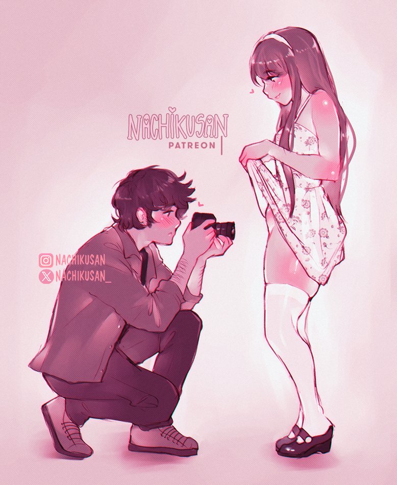 1boy, 1girls, blush, dress, dress lift, dress lifted by self, female, male, nachikusan, skirt lift, taking picture, white legwear