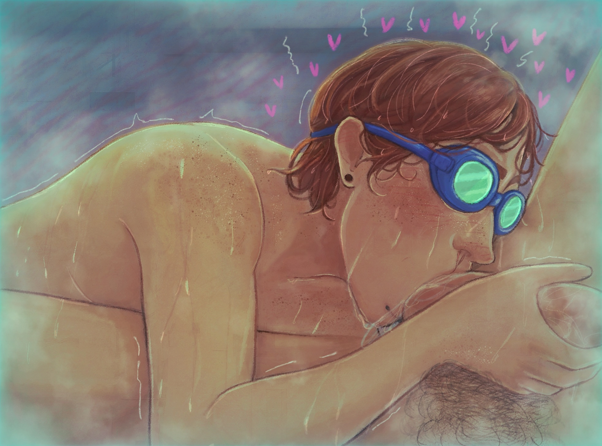 cock, dispatch (game), face closeup, flambae, gay, ginger hair, heart, male, male only, piercing, piercings, pubic hair, skinny, sucking balls, waterboy (dispatch), wet, wet body, wet skin