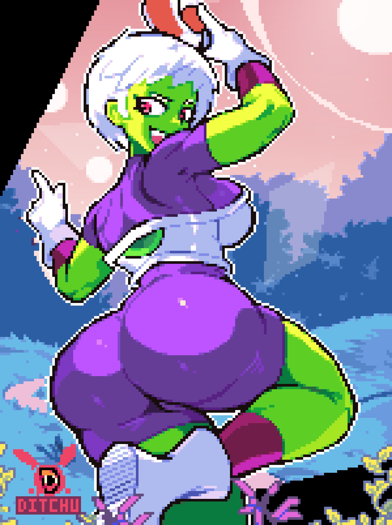 1girls, 2d, artist logo, artist name, ass, breedable hips, caked up, cheelai, ditchu, ditchuart (sfw), dragon ball, dragon ball super, dragon ball super broly, female, gloves, green skin, green skinned female, green-skinned female, looking back, outdoors, pinup, pixel (artwork), pixel art, pose, purple outfit, solo, solo female, tagme, white hair, white hair female, white-haired female