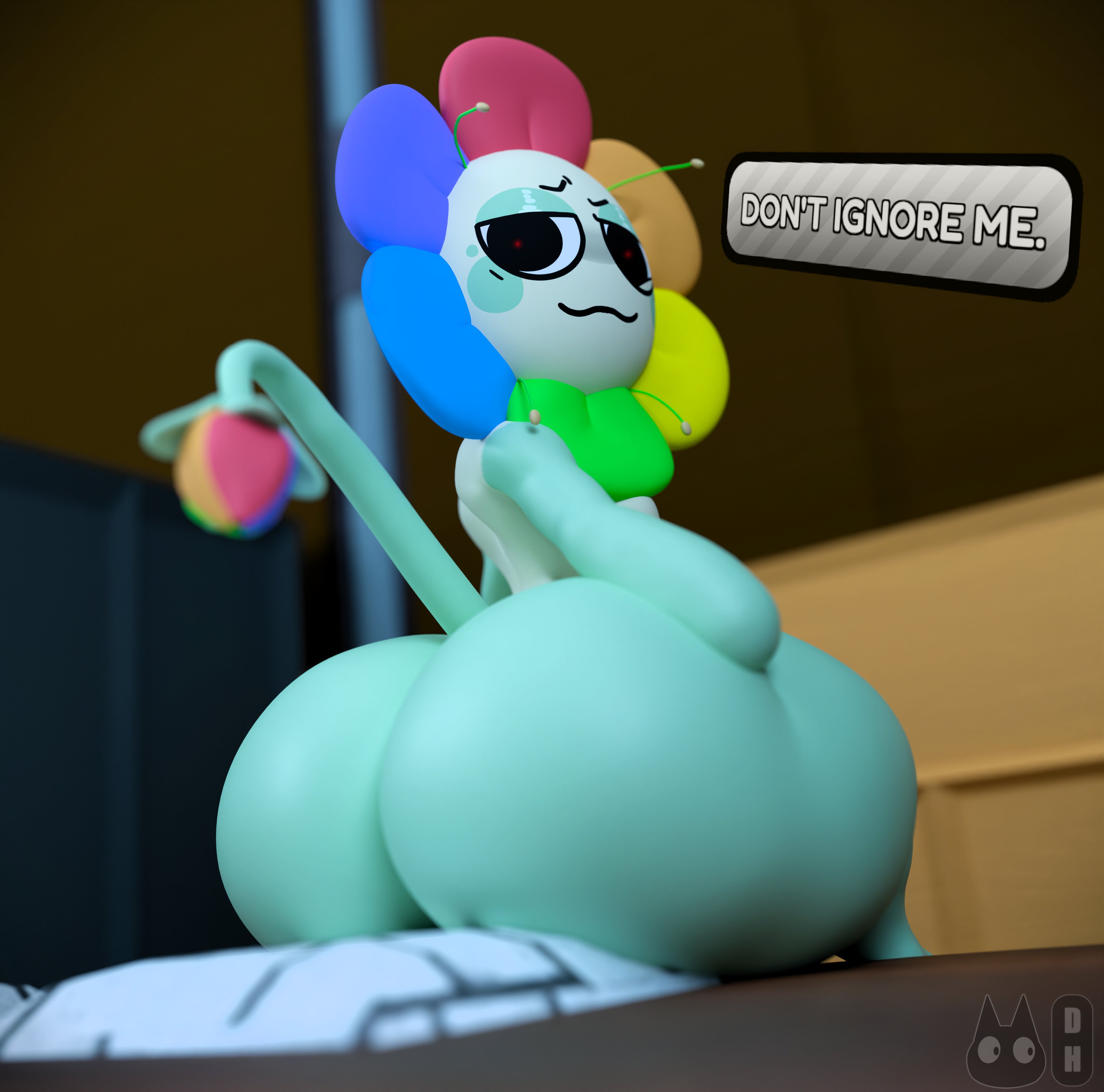 :3, 1boy, 3d, 3d (artwork), 3d model, anthro, anthro only, ass, big ass, big butt, dandy (dandy's world), dandy's world, dialogue, fat ass, fat butt, femboy, flower, gay, shop, sitting, sitting on counter, tagme, tail, text, thick ass, thick butt, thick thighs, totallyd