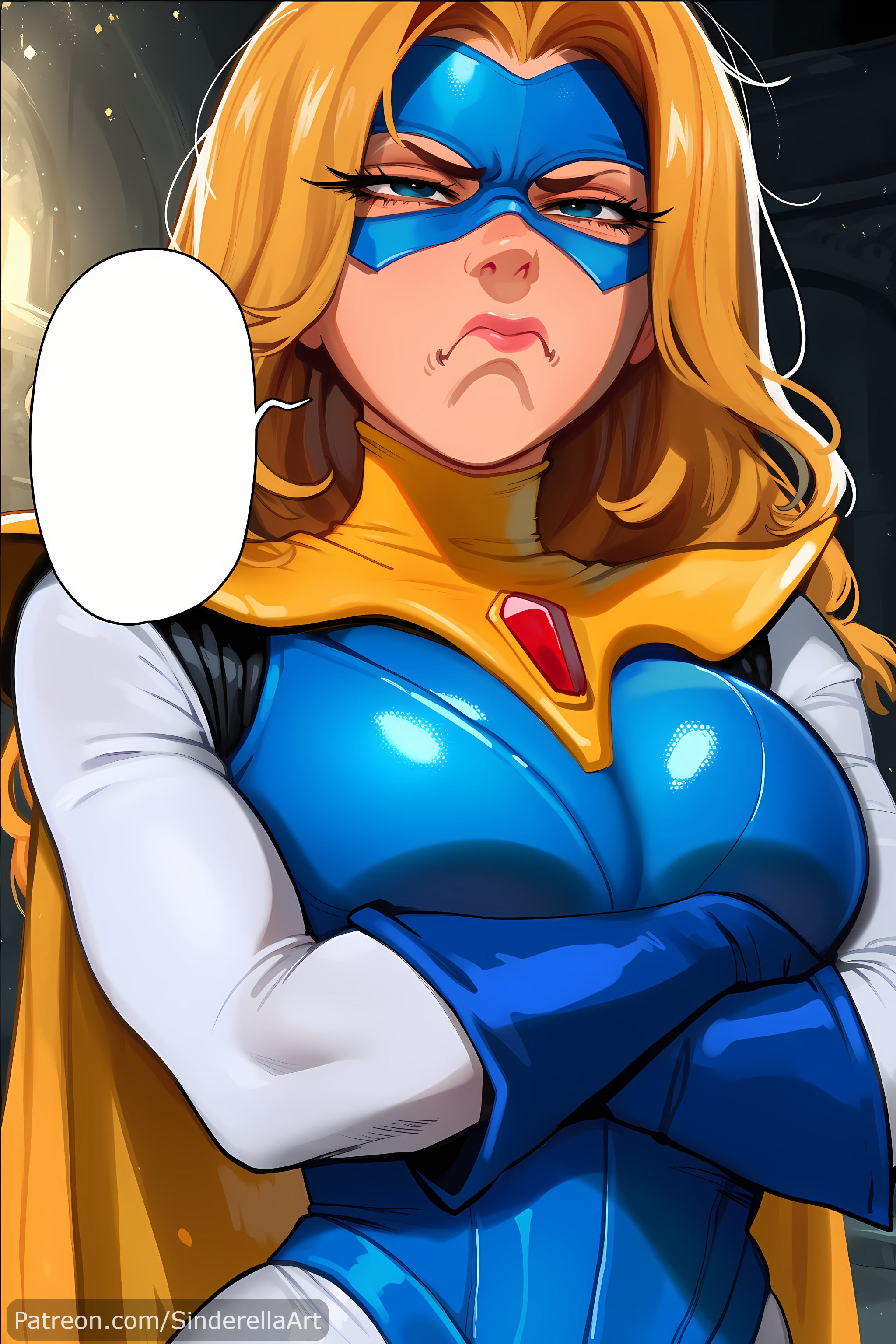 ai generated, annoyed, annoyed expression, blonde, blonde blazer, blonde female, blonde hair, blonde hair female, blue eyes, busty, comic, comic page, commission, curvaceous, curvaceous body, curves, curvy, curvy body, curvy female, curvy figure, dispatch (game), heroine, hourglass figure, large breasts, light skin, light-skinned female, outdoors, patreon, patreon url, patreon username, public, sinderellaart, superhero, superheroine, text, text bubble, thick, thick legs, voluptuous, voluptuous female