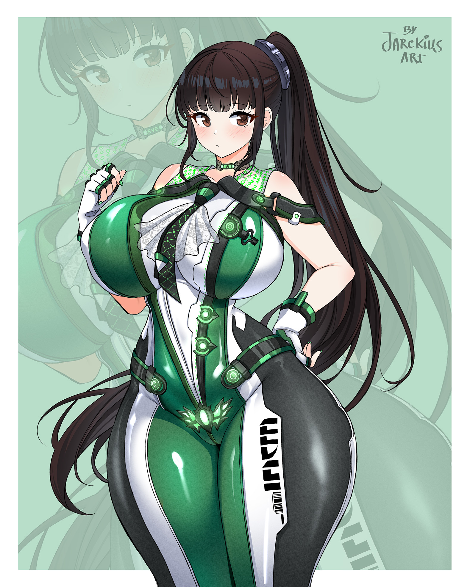 1girls, 2025, big breasts, brown hair, eve (stellar blade), female, female only, fully clothed, huge breasts, jarckius, nail polish, painted fingernails, painted nails, ponytail, shiny clothes, solo, solo female, stellar blade, tagme, thick, thick thighs, tight clothing, wide hips