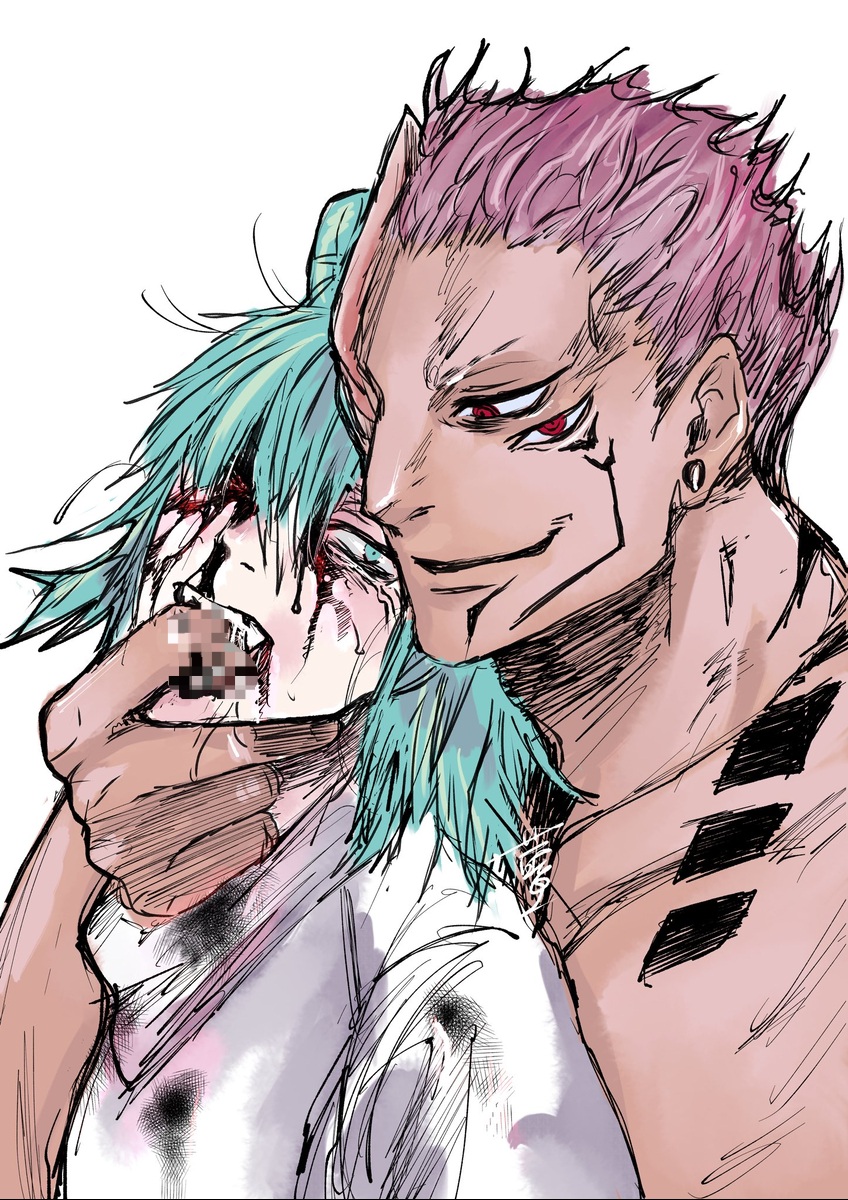 blood, blood on face, cyan hair, fingers in mouth, fully clothed, fully clothed female, jujutsu kaisen, kashimo hajime, mosaic censoring, pink hair, ryona, ryoumen sukuna (jujutsu kaisen), smile, smiling, topless, topless male