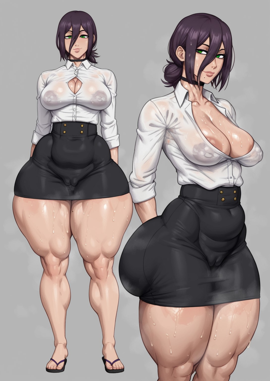 1girls, ai generated, areolae, ass, big ass, big breasts, breasts, chainsaw man, cleavage, fat ass, female, female only, flip flops, oiled, reze (chainsaw man), sagging breasts, skirt, taiga20, thick thighs