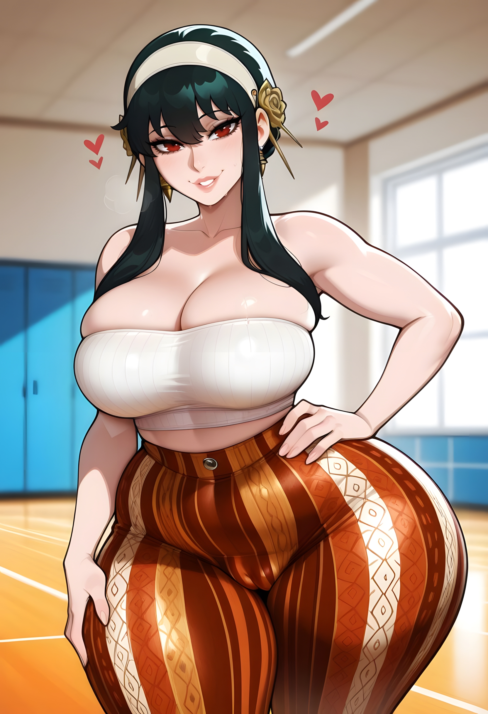1girls, ai, ai generated, big ass, big butt, black hair, busty, curvaceous, curvy, curvy body, curvy female, curvy figure, dreamcoreart, female, female only, hi res, highres, huge ass, huge breasts, huge butt, large breasts, light-skinned female, long hair, looking at viewer, mischievous smile, naughty face, red eyes, solo, solo focus, spy x family, stable diffusion, teasing, teasing viewer, yoga pants, yor briar, yor forger