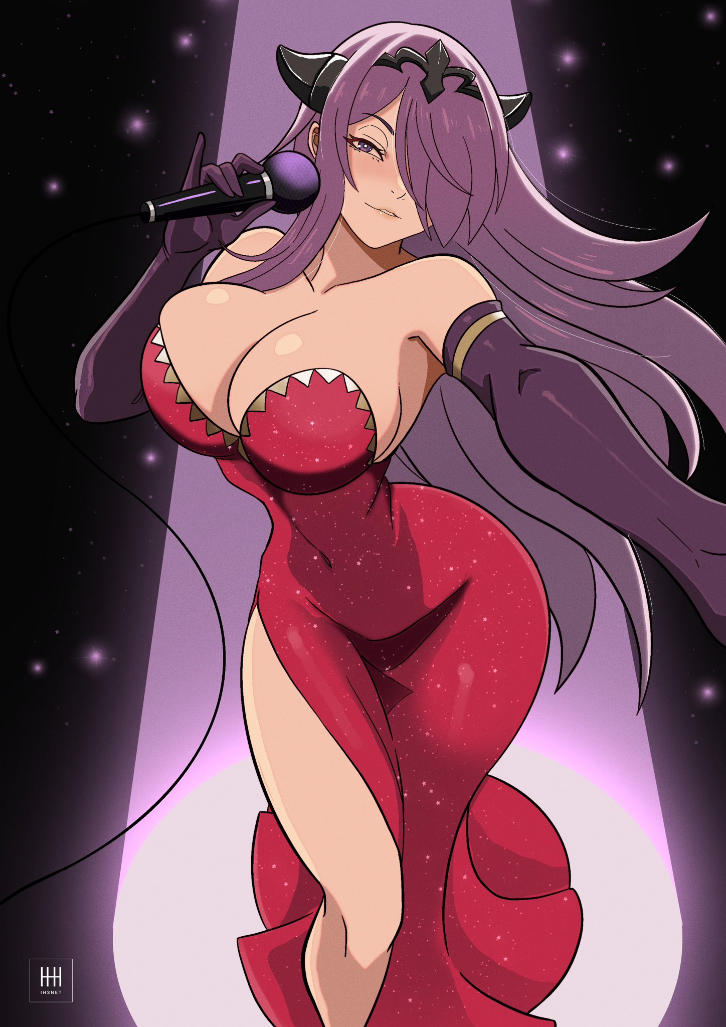1girls, big breasts, breasts, camilla (fire emblem), curvy female, dress, fire emblem, fire emblem fates, gloves, hair over one eye, ihsnet, jessica rabbit (cosplay), legs, purple gloves, purple hair, revealing clothes, thighs, who framed roger rabbit