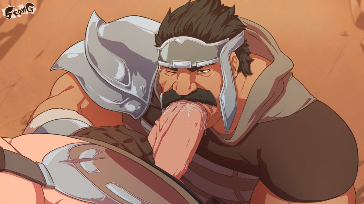 2025, 2boys, armor, bara, big cock, big dick, big penis, black hair, blowjob, boner, brown clothing, clothed, clothed sex, cock, daddy, dark hair, dick, dilf, erection, fellatio, gauntlets, gay, gay blowjob, gloves, headgear, holding penis, huge cock, lustful desires, male, male only, moustache, mustache, northcrest guard, oral, pauldrons, penis, pov, precum, scar, scar on face, solo focus, stangart, stangun, sucking, sucking penis, thick cock, thick dick, thick penis, veiny, veiny penis, wink