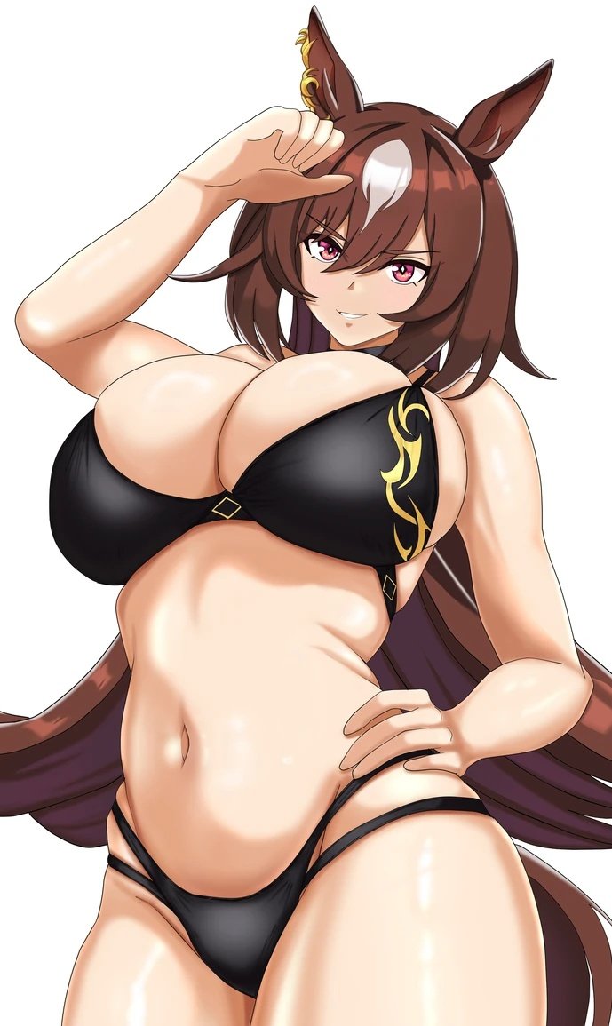 artist request, bikini, black bikini, breasts, brown hair, confident, hair, hand on head, hand on hip, highleg bikini bottom, huge breasts, looking at viewer, multi-strapped bikini bottom, sirius symboli (umamusume), smug, umamusume