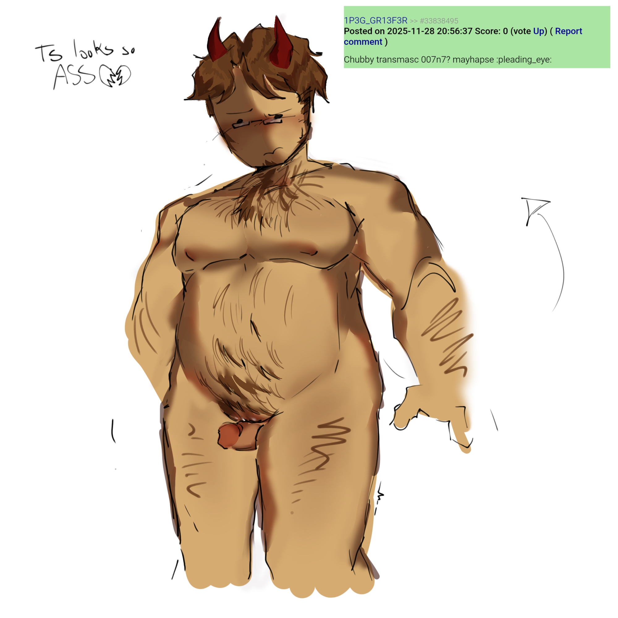 007n7 (forsaken), 1boy, 1cuntboy, anonymous male, blush, body hair, chubby male, cock between thighs, cuntboy, demon horns, forsaken (roblox), hairy male, lornan1hater, male, male only, nude, roblox, roblox game, robloxian, rule 34 comment, self upload, tagme