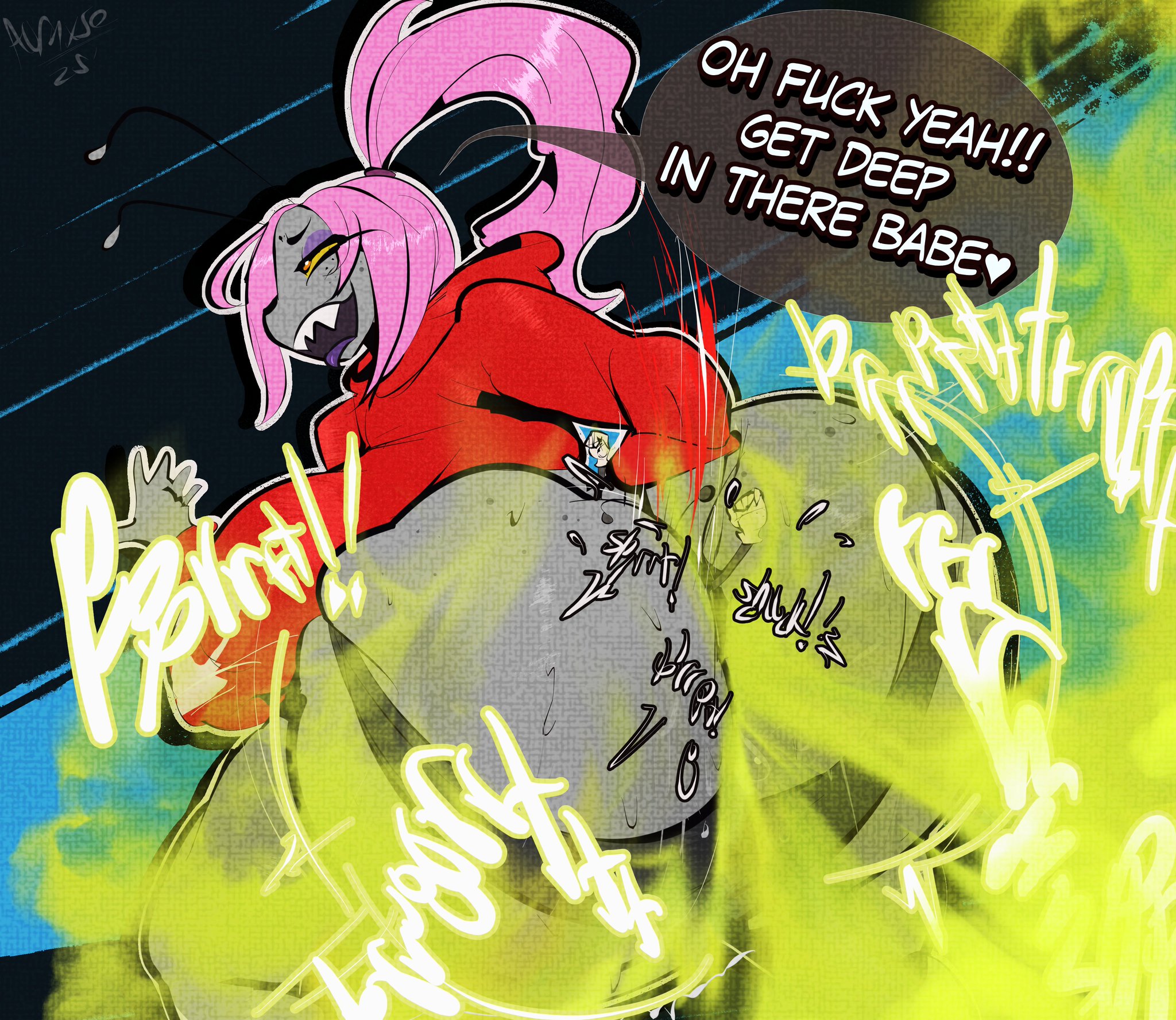 1boy1girl, ass, ass cleavage, aurnxse, big ass, bug, digging up in they ass, ed (megabippy), fart, fart cloud, fart fetish, farting in face, fly, original, original character, size difference, stinkette (squishybuttzz), swamp ass