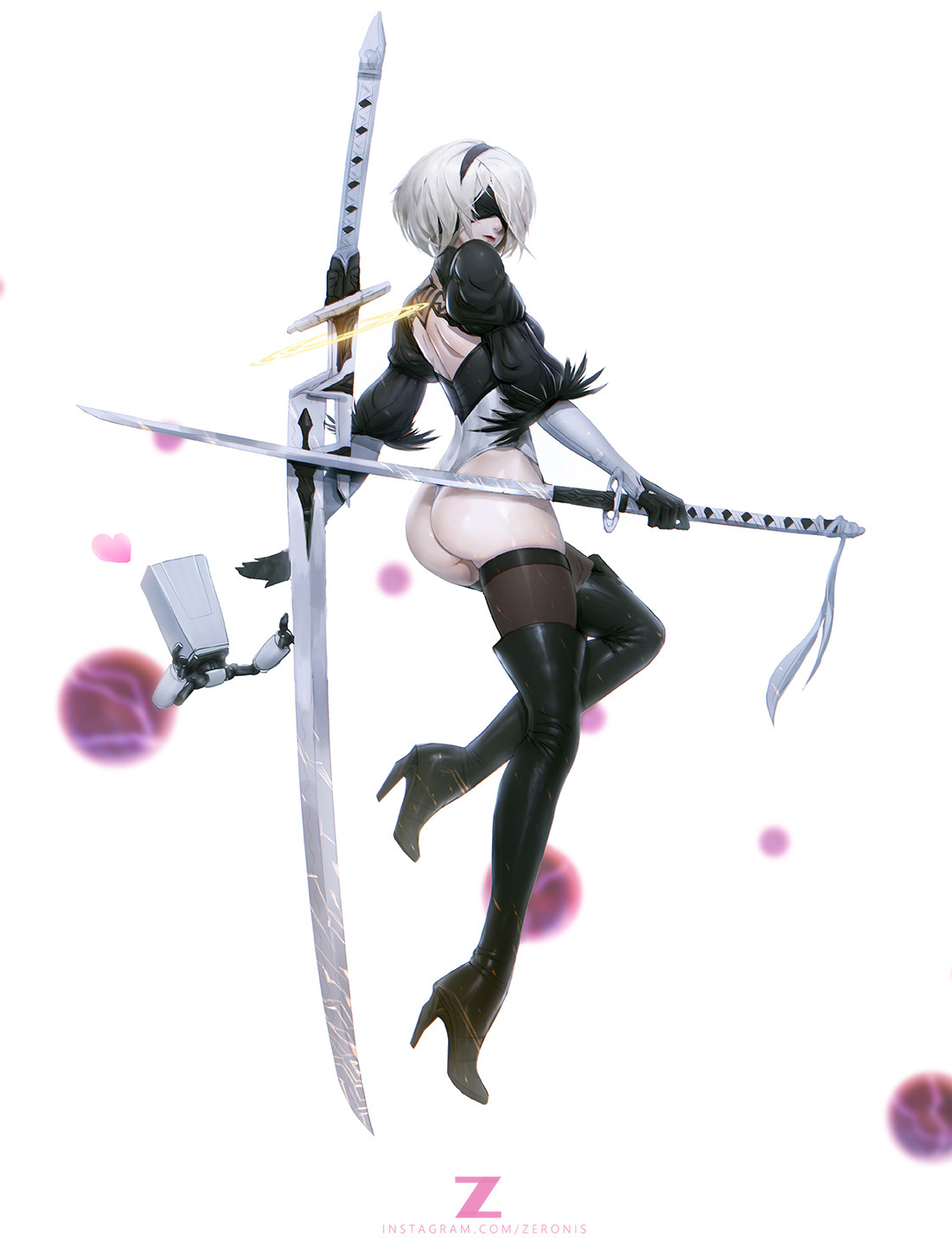1girls, ass, black blindfold, blindfold, female, full body, leotard, light skin, light-skinned female, nier, nier: automata, paul kwon, pod (nier), short hair, simple background, solo, thigh boots, thighhighs, virtuous contract, virtuous treaty, weapon, white background, white hair, yorha 2b, zeronis