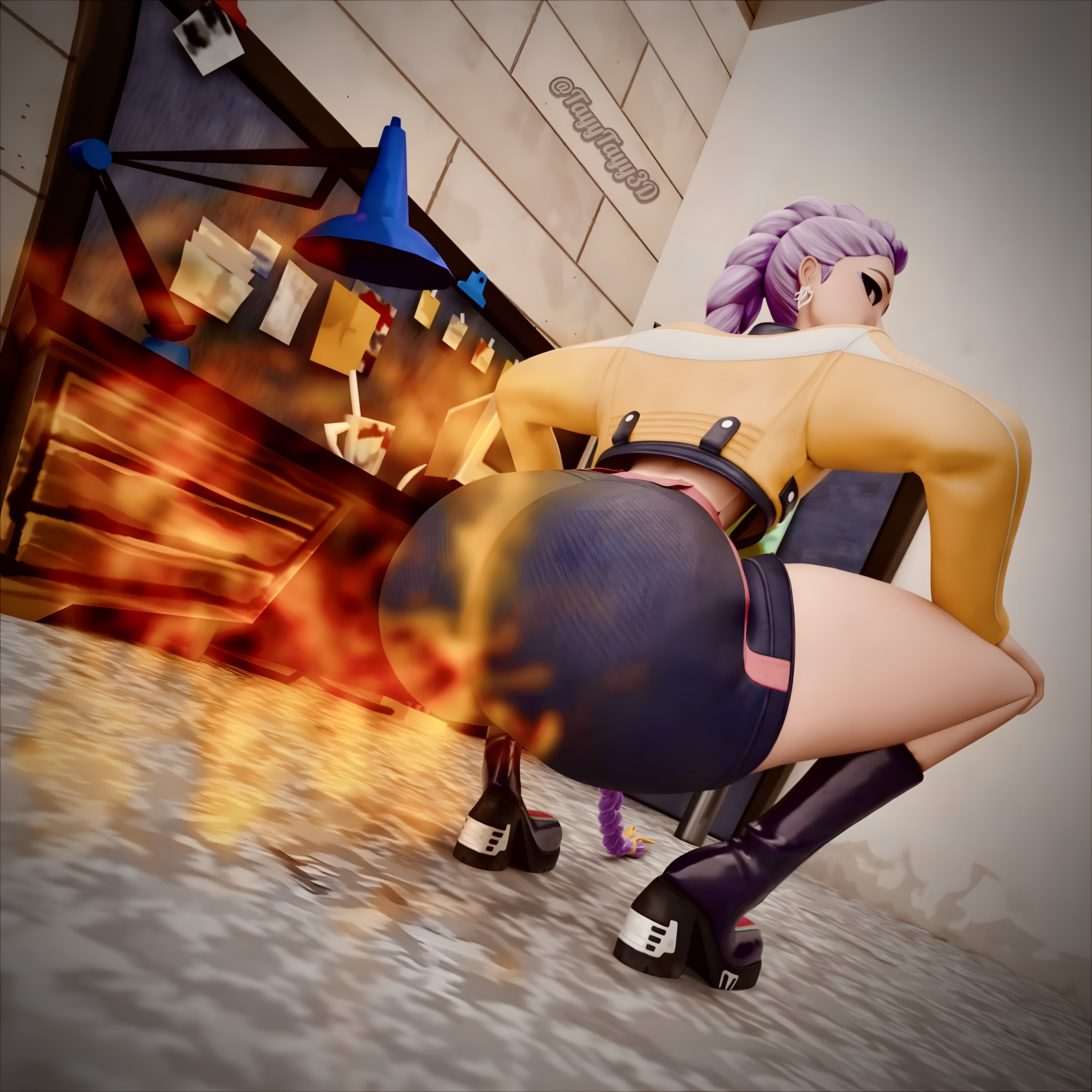 ass, ass focus, big ass, boots, braided hair, fart, fart cloud, fart fetish, kpop demon hunters, lamp, looking back, purple hair, rumi (kpop demon hunters), squat, squatting, tagme, tayytayy3d