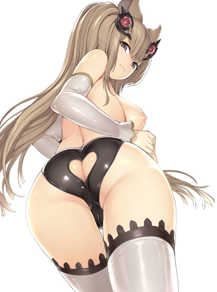 ass blonde_hair breasts dat_ass elbow_gloves erect_nipples erun_(granblue_fantasy) granblue_fantasy hakaba_(dairiseki) legwear long_hair metera_(granblue_fantasy) naughty_face nipples panties simple_background smile